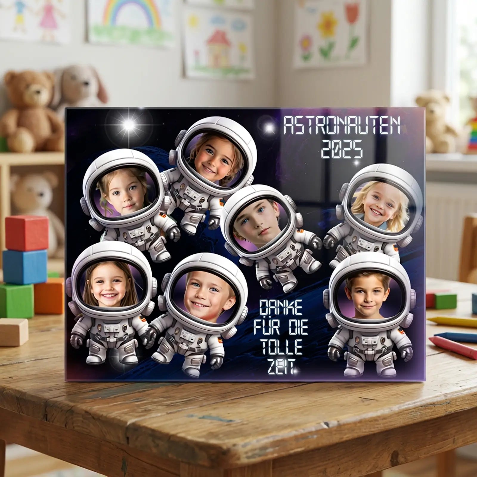 Kindergarten Acrylglas Bild Astronauten 2025 – personalisierte Collage mit einzeln eingesandten Kinderfotos im Astronautenanzug und Dankesbotschaft