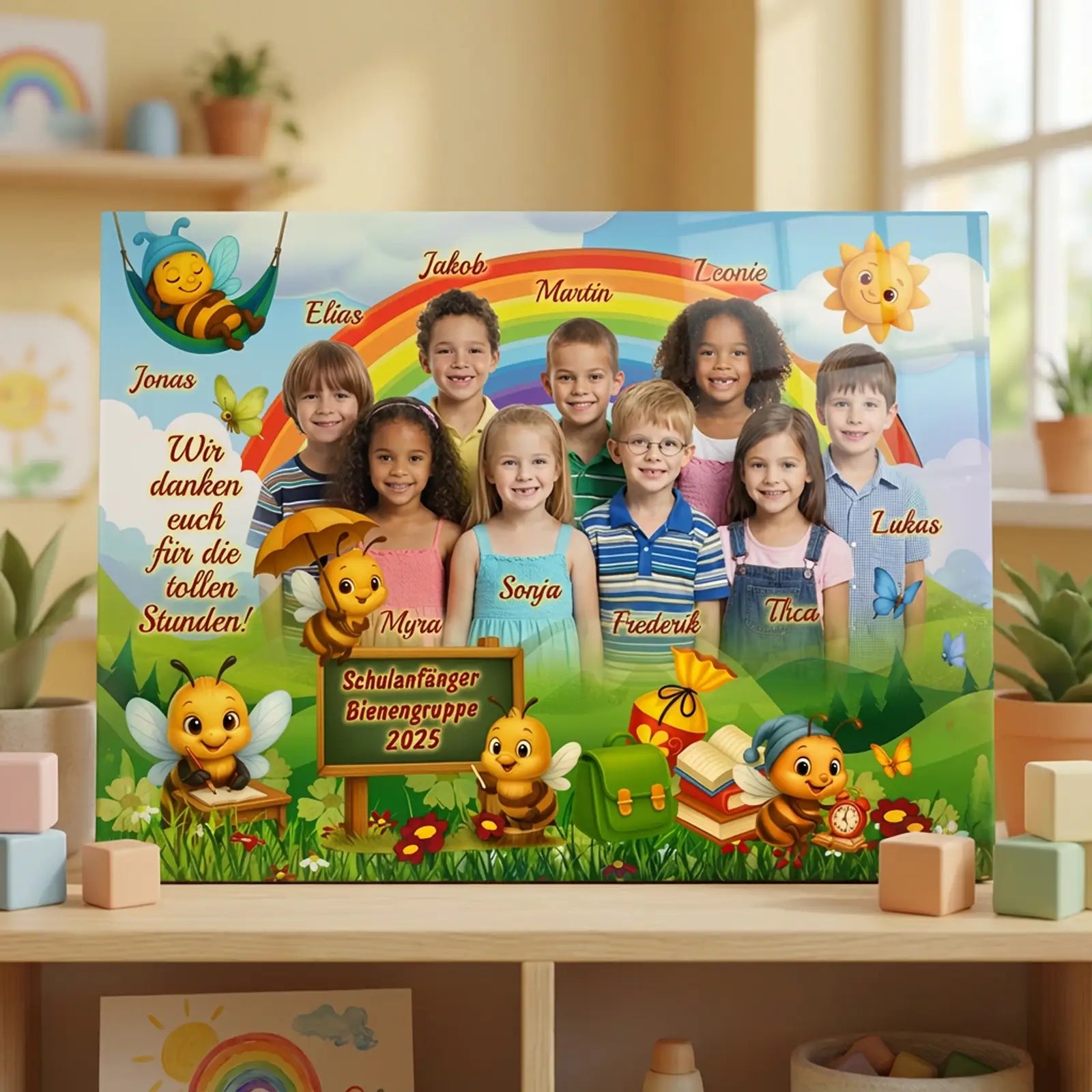 Acrylglas Bild im Kindergarten – personalisiertes Gruppenfoto mit Kindern zur „Bienengruppe“, Schulanfänger 2025, fröhliche Bienen-Illustrationen und Namen aller Kinder als Abschiedsgeschenk für Erzieherinnen.