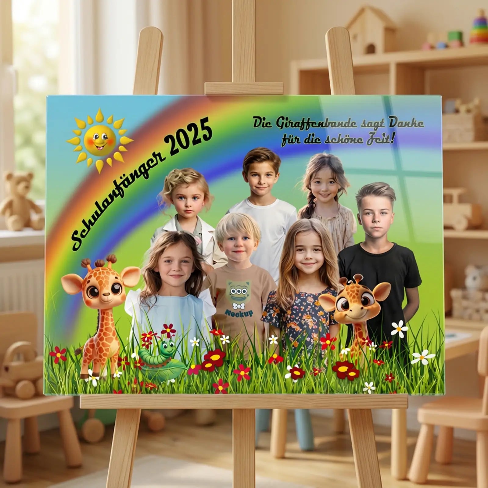 Acrylglas Bild im Kindergarten – personalisiertes Gruppenfoto von Kindern als Abschiedsgeschenk für Betreuerinnen, gestaltet zum Thema Giraffen mit passenden grafischen Elementen und farbenfrohem Hintergrund.