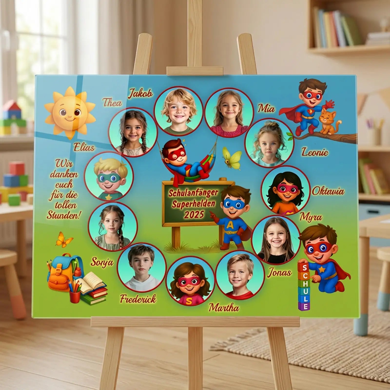 Acrylglasbild Kindergarten Superhelden 2025 – personalisierte Collage mit Kindernamen und Einzelfotos als Abschiedsgeschenk für die Kita-Gruppe.