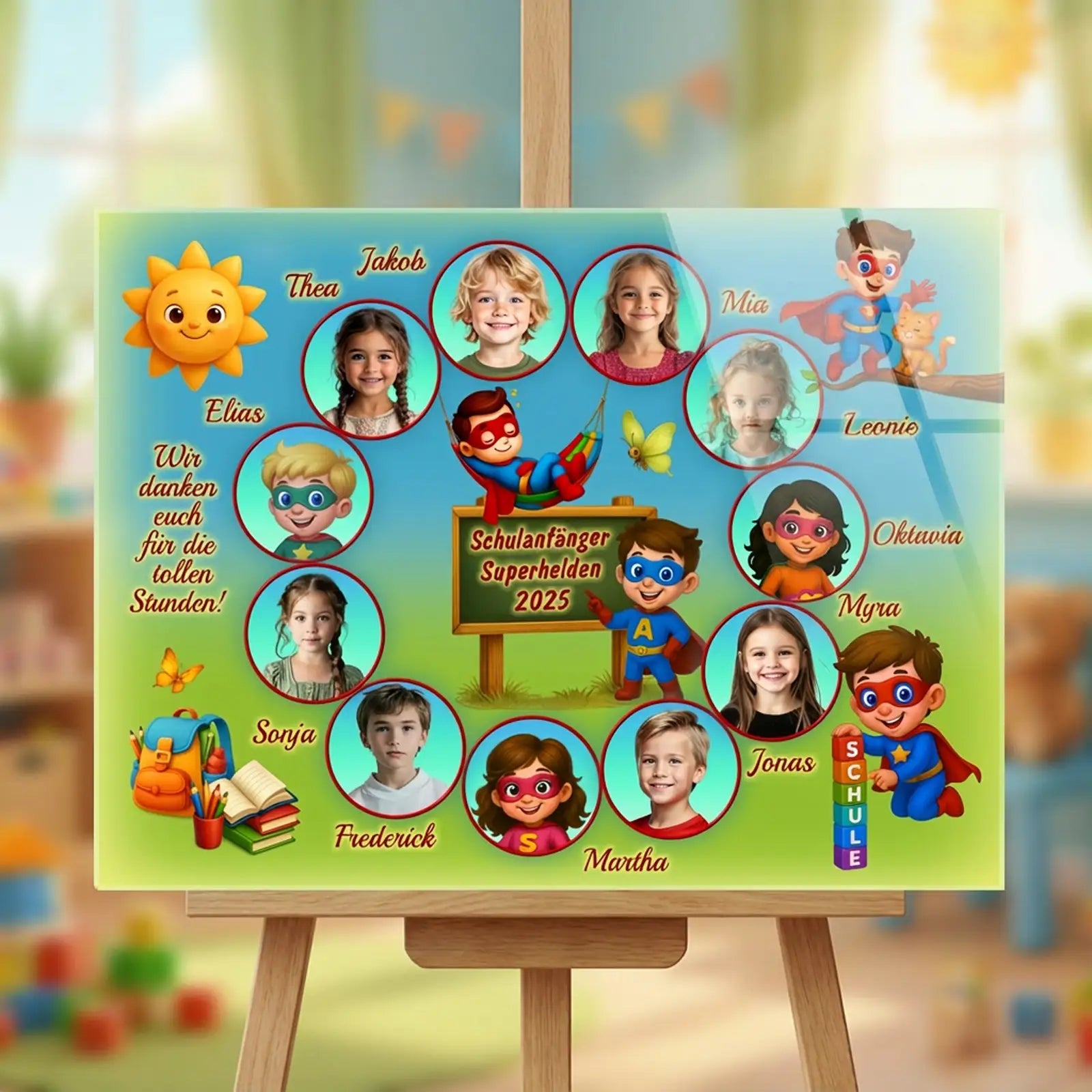 Acrylglasbild Superhelden 2025 – personalisiertes Gruppenmotiv aus Einzelfotos mit Namen als Abschiedsgeschenk für Kindergartenkinder