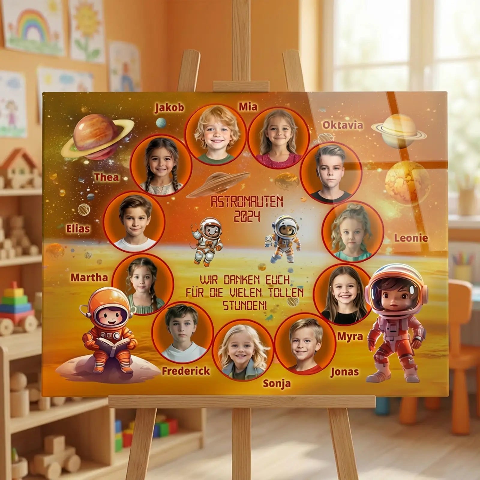 Acrylglasbild mit Kinderfotos von Astronauten für Kita & Schule – Erinnerungsstück zum Schulstart 2024.