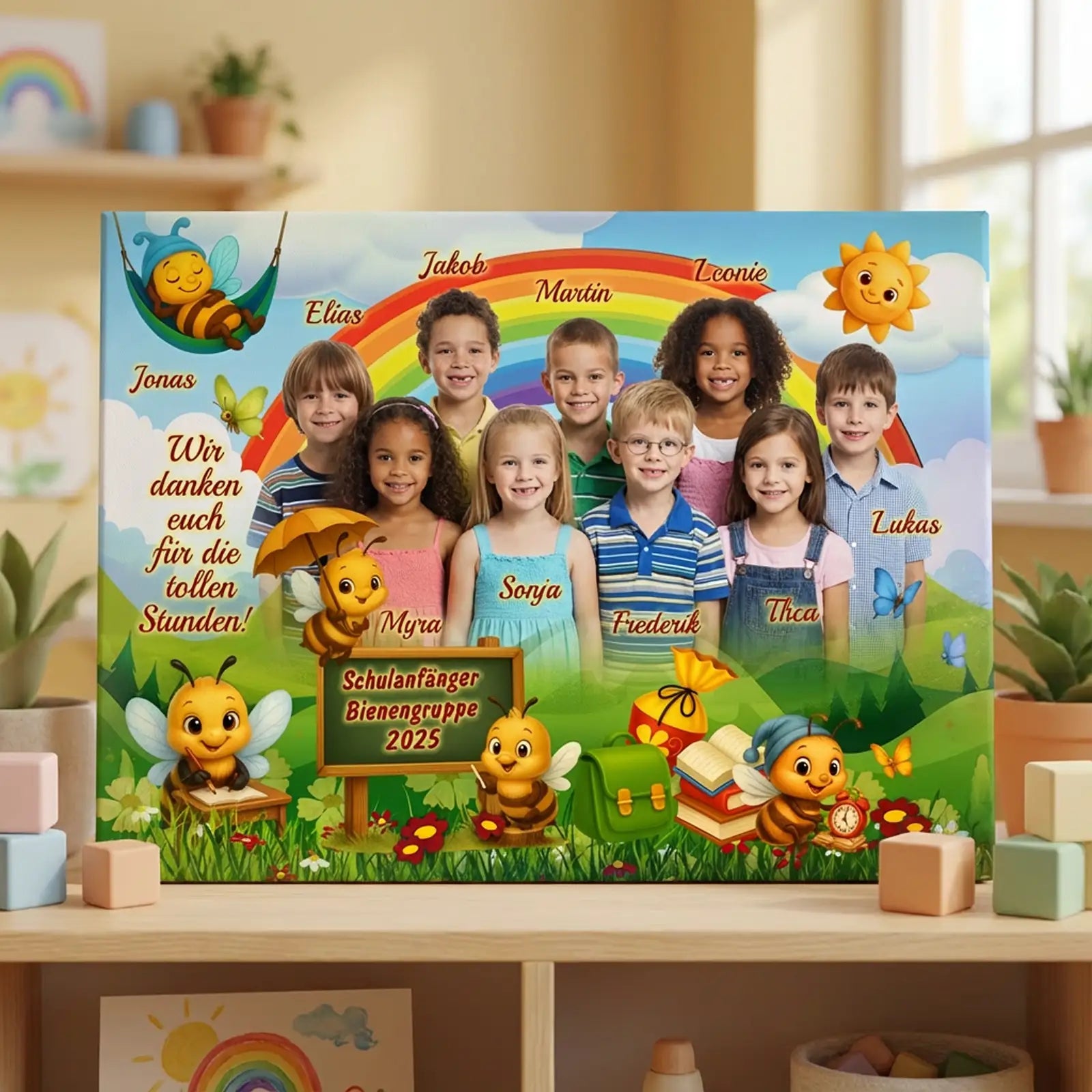 Kindergarten-Gruppenbild mit Kindern vor bunter Wiese, Regenbogen und Sonnenfigur, personalisierte Namen auf Leinwand