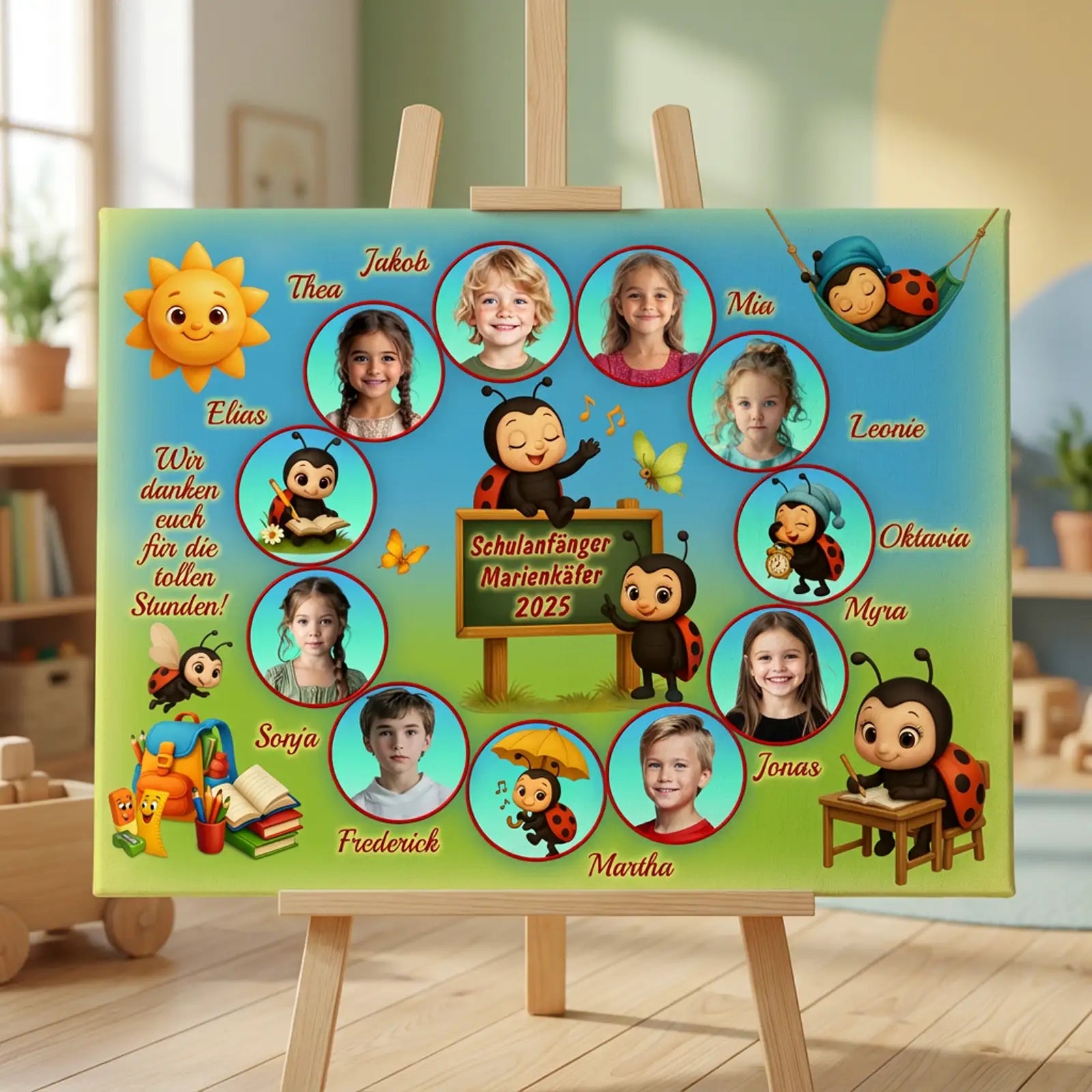 Kindergarten-Abschlussbild als Leinwand mit Namen und Einzelfotos aller Kinder, ergänzt durch persönlichen Dankestext.
