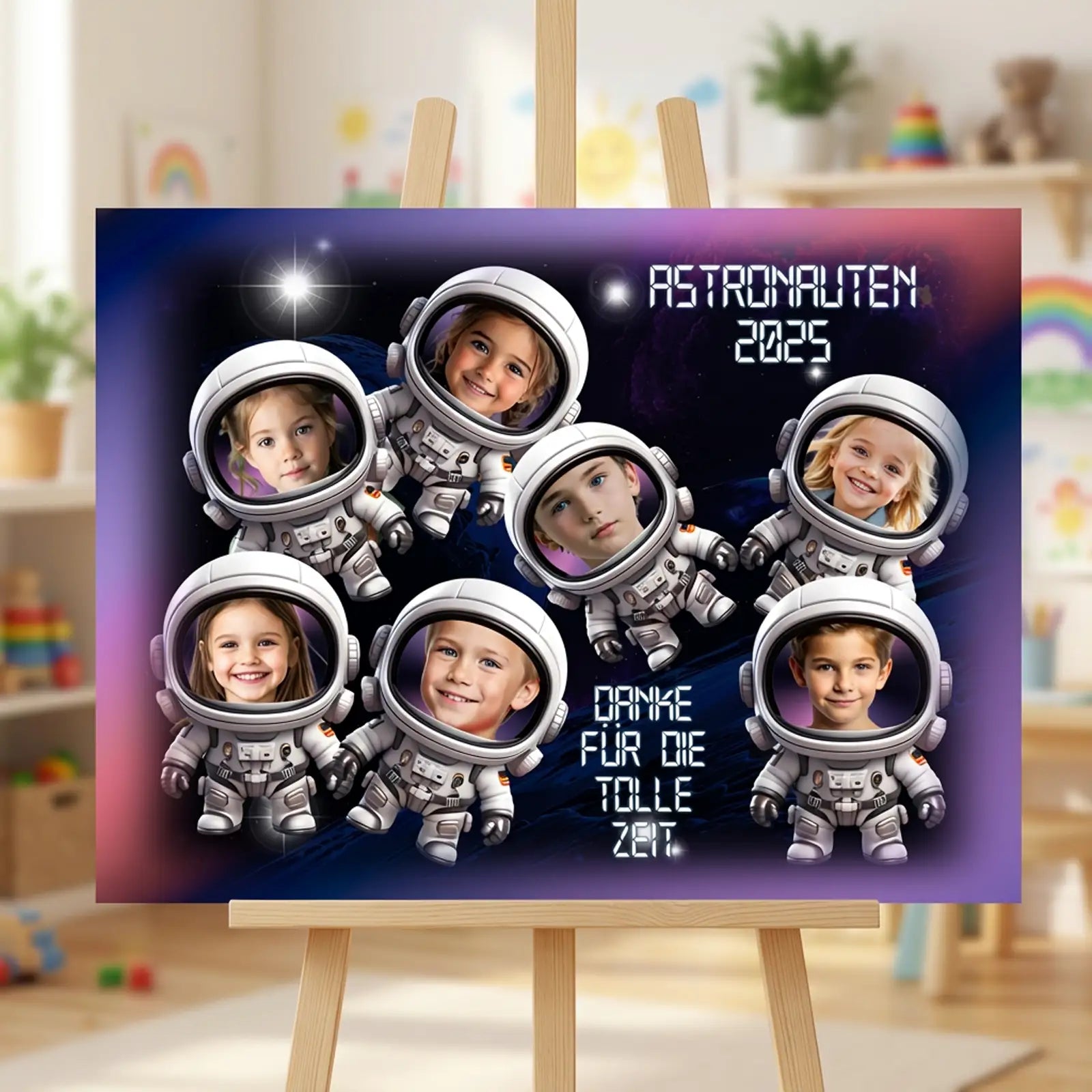 Abschiedsgeschenk für den Kindergarten: Leinwand mit Kindernamen, Einzelfotos und kurzer Widmung in einem gemeinsamen Motiv