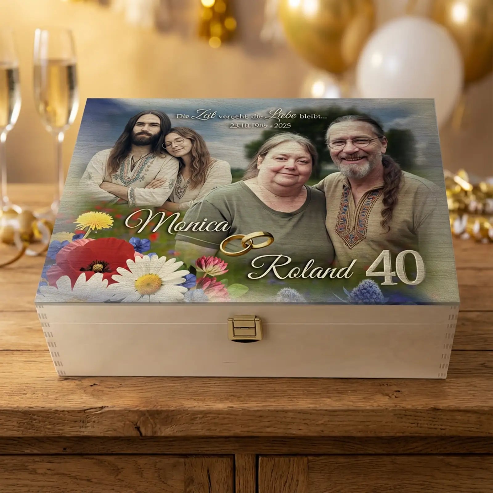 Personalisierte helle Holzbox zur Rubinhochzeit (40 Jahre) mit Fotodruck auf dem Deckel. Auf der Box sind zwei Fotos eines Ehepaares aus unterschiedlichen Lebensphasen zu sehen, dazu die Namen Monica und Roland, goldene Trauringe, ein Blumenmotiv sowie die Jubiläumszahl 40. Die Holzbox steht auf einem Holztisch, im Hintergrund sind unscharf Sektgläser und goldene Luftballons als dezente Feierdekoration erkennbar. Geschenkidee zum 40. Hochzeitstag.