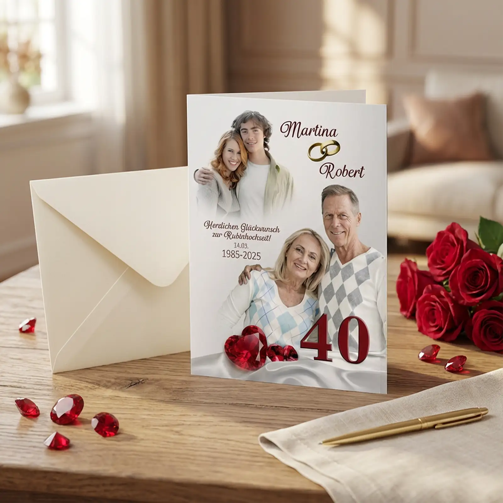 Personalisierte Grußkarte zur Rubinhochzeit mit altem Hochzeitsfoto und aktuellem Paarfoto, rote Rubine und Zahl 40