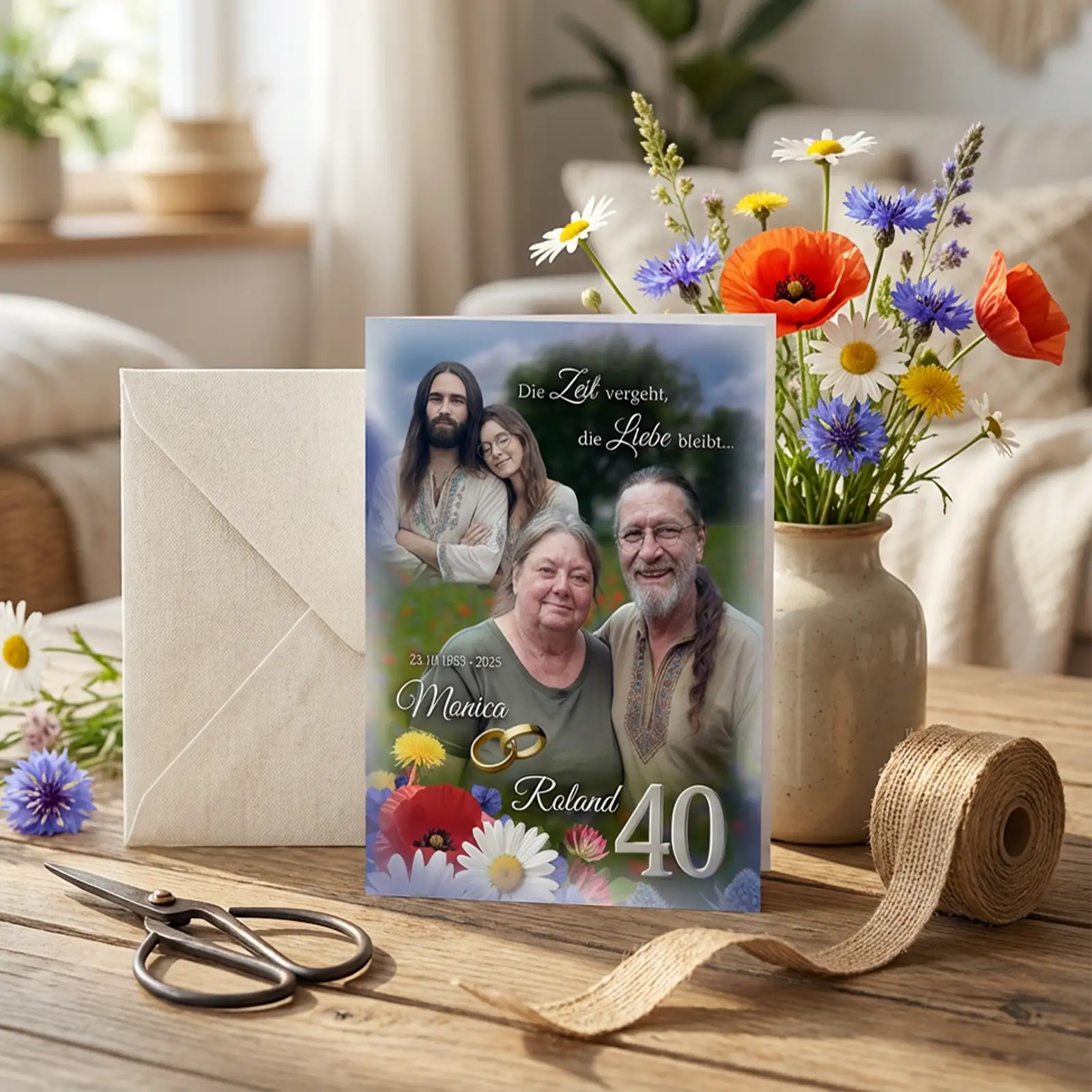 Hochkant-Grußkarte zur Rubinhochzeit mit zwei Fotos: junges Paar im oberen Bildbereich und heutiges Porträt von Monica und Roland, Naturmotiv mit Wildblumen, goldene Eheringe und Zahl 40