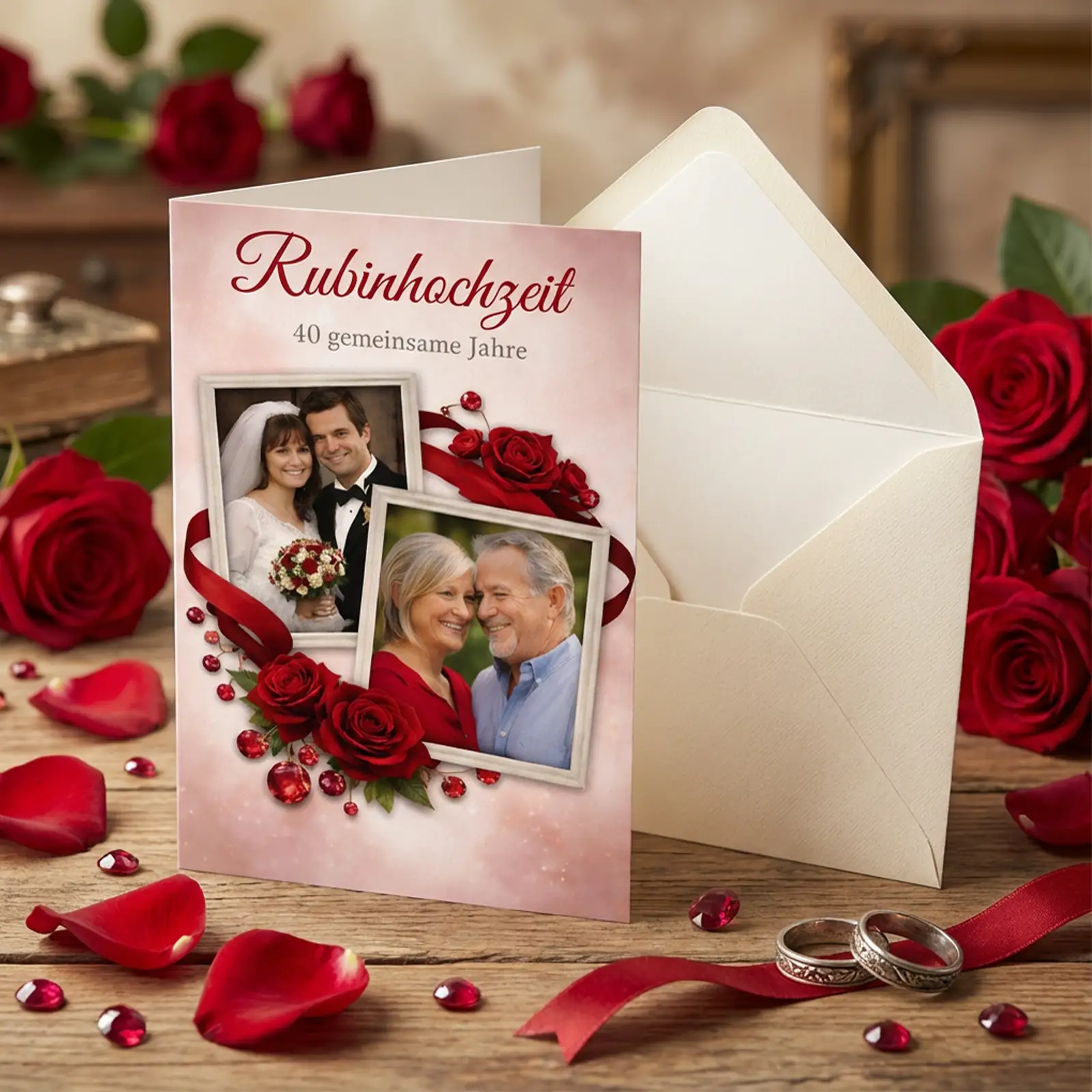 Hochkant-Grußkarte zur Rubinhochzeit mit zwei Fotos: Hochzeitsbild im oberen Rahmen und aktuelles Paarfoto darunter, rote Rosen, Rubinelemente, Schleifenband und Schriftzug ‚Rubinhochzeit – 40 gemeinsame Jahre