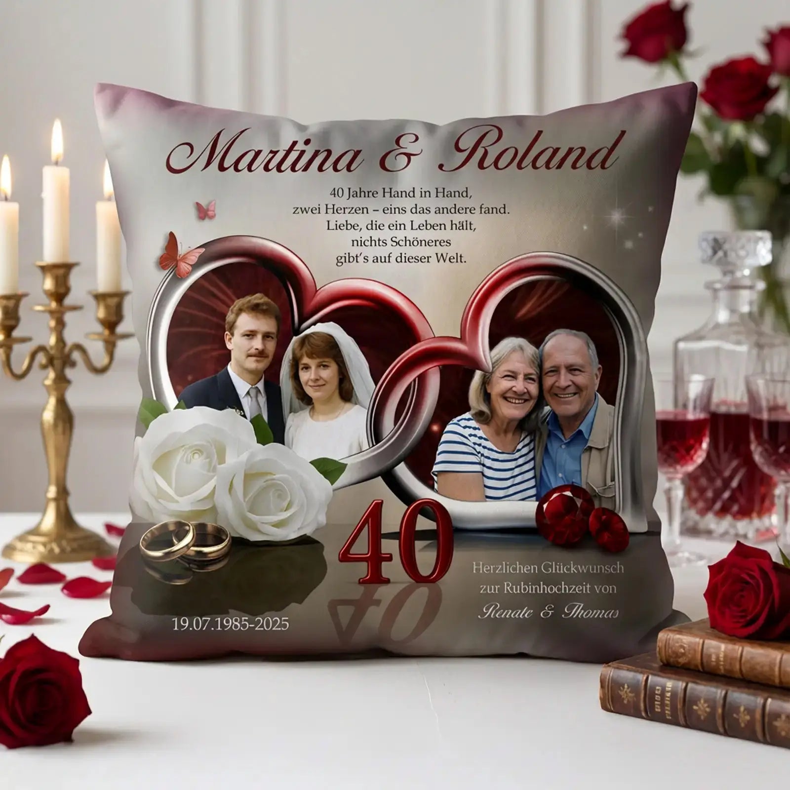 Personalisiertes Kissen zur Rubinhochzeit mit Foto damals und heute für den 40. Hochzeitstag