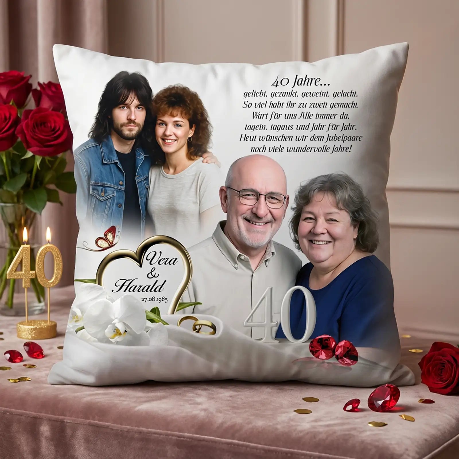 Personalisiertes Fotokissen zur Rubinhochzeit mit zwei Paarfotos eines Ehepaares von früher und heute, Namen „Vera & Harald“, roter Zahl 40, goldenen Eheringen und gedrucktem Glückwunschtext, dekoriert mit roten Rosen und Kerzen.