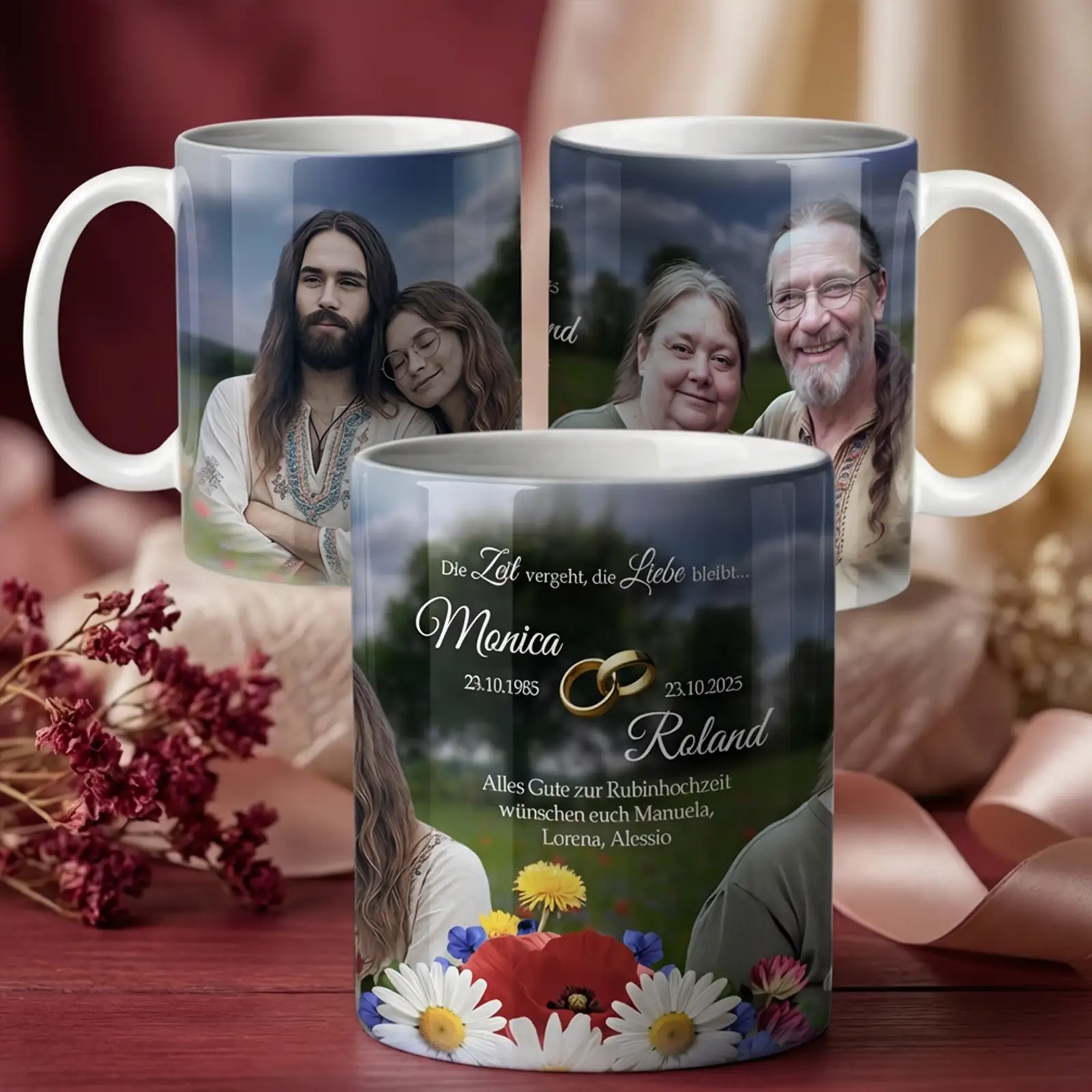 Personalisierte Fototasse zur Rubinhochzeit mit Paarporträts aus verschiedenen Lebensphasen und floraler Gestaltung in Rot