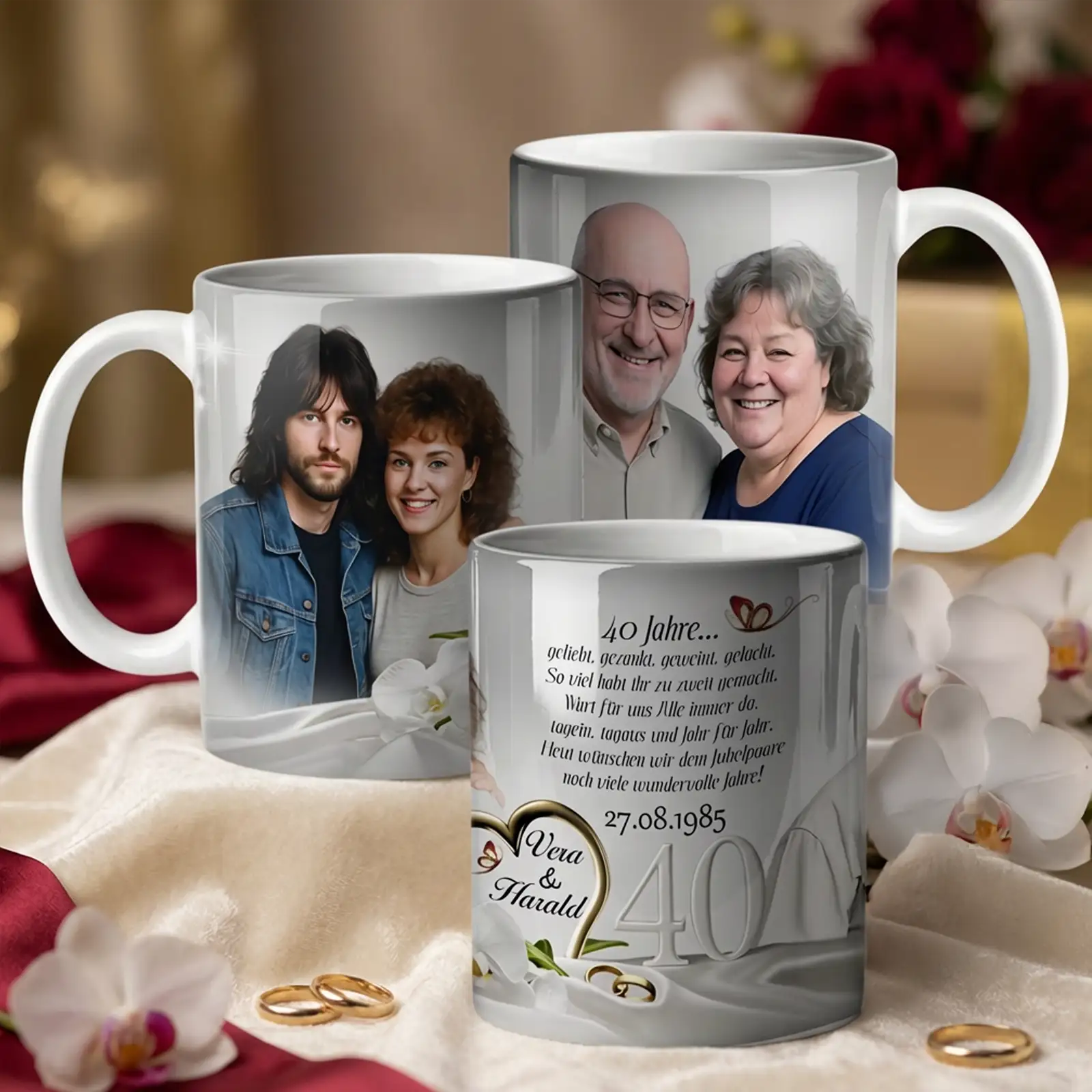 Personalisierte Tassen zur Rubinhochzeit mit Fotomontage eines Ehepaares von früher und heute, Namen Vera und Harald, Zahl 40, Hochzeitsdatum, persönlichem Widmungstext, Eheringen und floralen Elementen als Geschenk zum 40. Hochzeitstag