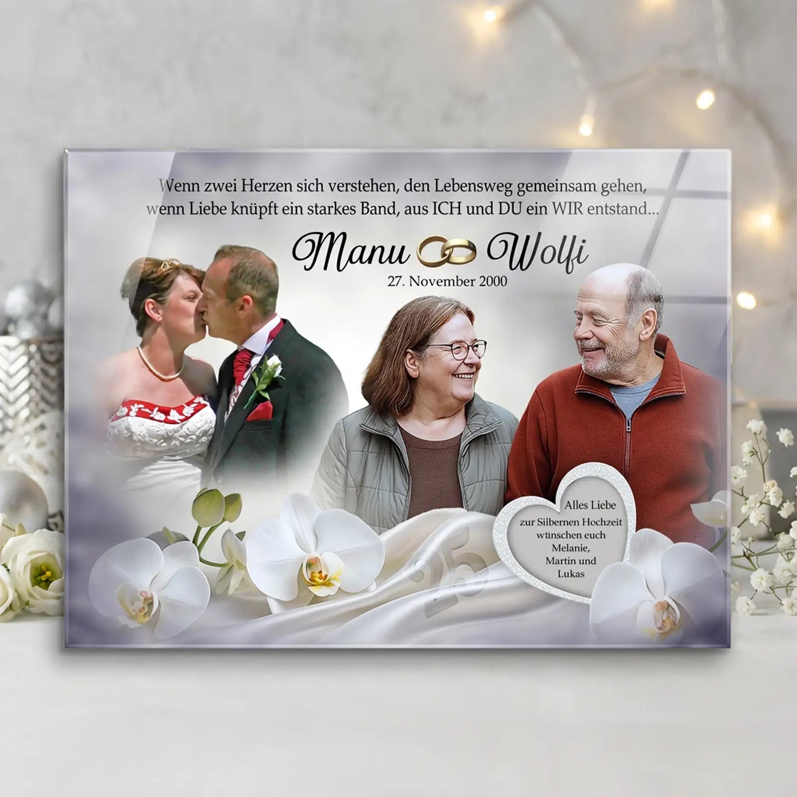 Brillanter Direktdruck hinter Acrylglas zur Silberhochzeit, glänzende Oberfläche und klare Farben