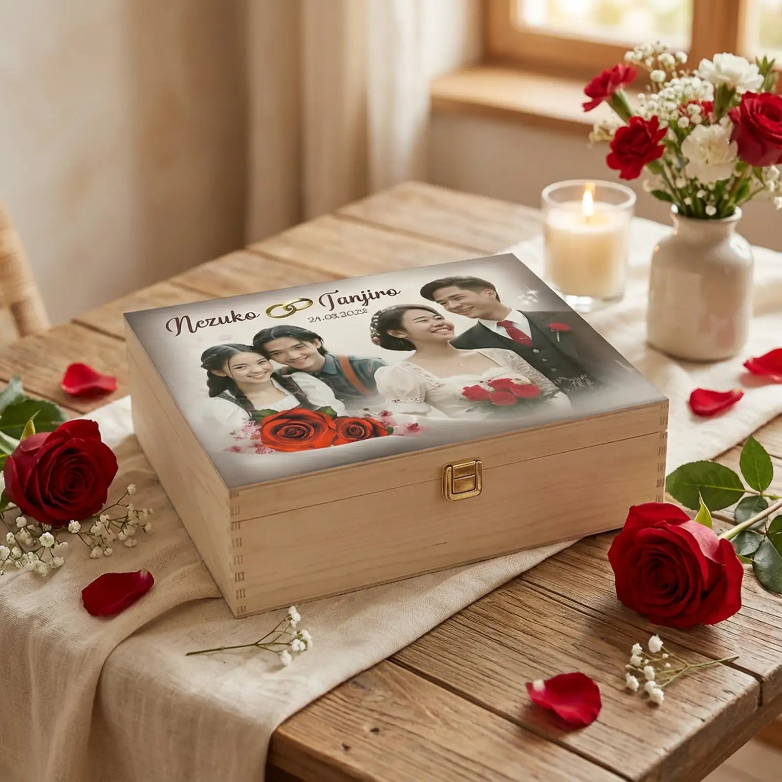 Holzbox Silberhochzeit Motiv mit Fotopaar, Rosen, Namen Nezuko Tanjiro, Eheringe, Datum