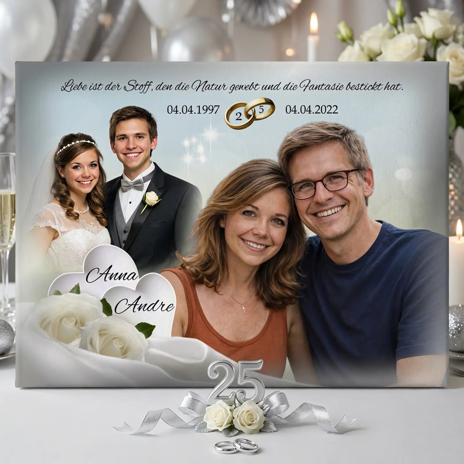 Personalisierte Leinwand zur Silbernen Hochzeit mit Hochzeitsfoto und aktuellem Paarfoto, Namen Anna und Andre, Daten 04.04.1997 und 04.04.2022, Eheringe, weiße Rosen und Zahl 25 – Erinnerungsbild für 25 Jahre Ehe.