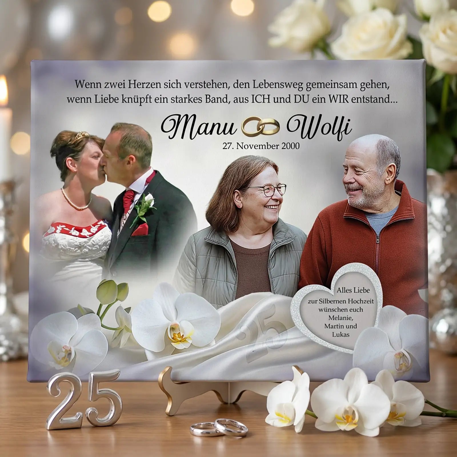 Personalisierte Leinwand zur Silbernen Hochzeit mit Hochzeitsfoto und aktuellem Paarfoto, Namen Manu und Wolfi, Datum 27. November 2000, Eheringe, weiße Orchideen, Zahl 25 und Widmung im Herz – Erinnerungsbild zum 25. Hochzeitstag.