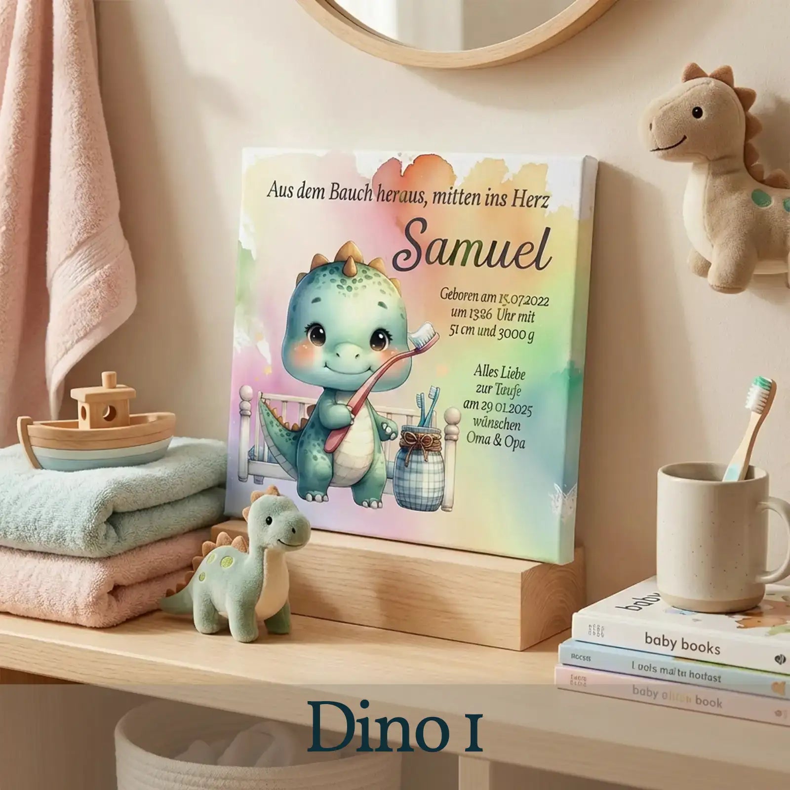 Kinderzimmer Leinwand mit süßem Teddy, Blumen und Geburtsdaten, Deko, Namensbild