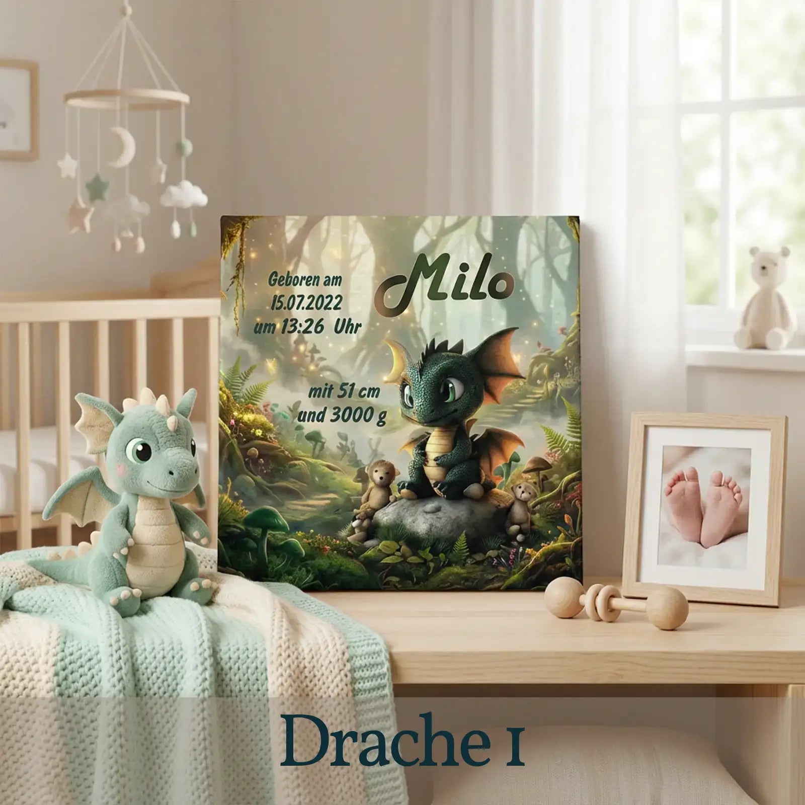 Personalisierte Baby-Leinwand mit Drachen-Motiv, Name Milo, Geburtsdaten, Kinderzimmer-Dekor
