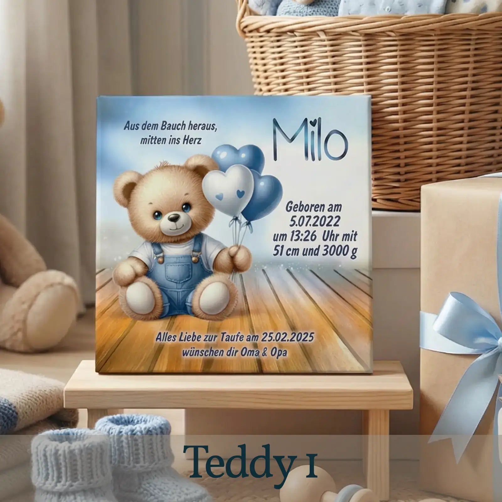 Fantasiebilder mit Namen und Daten - Motiv-Leinwand zur Geburt oder Taufe