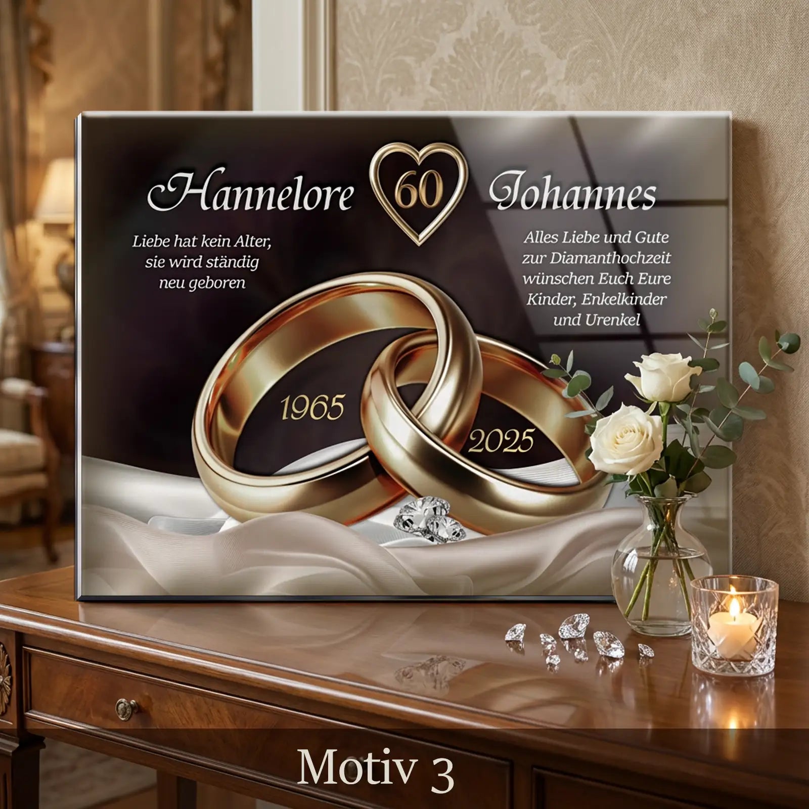 Geschenk personalisiertes Acrylglasbild zur diamantenen Hochzeit mit Ringen und Blumendekoration