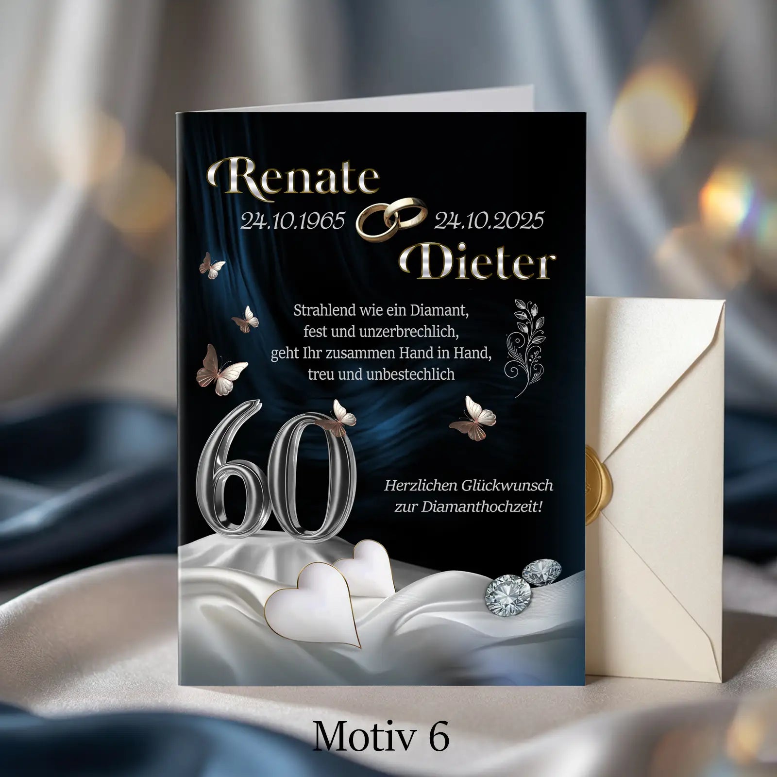 Personalisierte Glückwunschkarte zur Diamanthochzeit mit eleganter 60-Gestaltung und Schmetterlingen