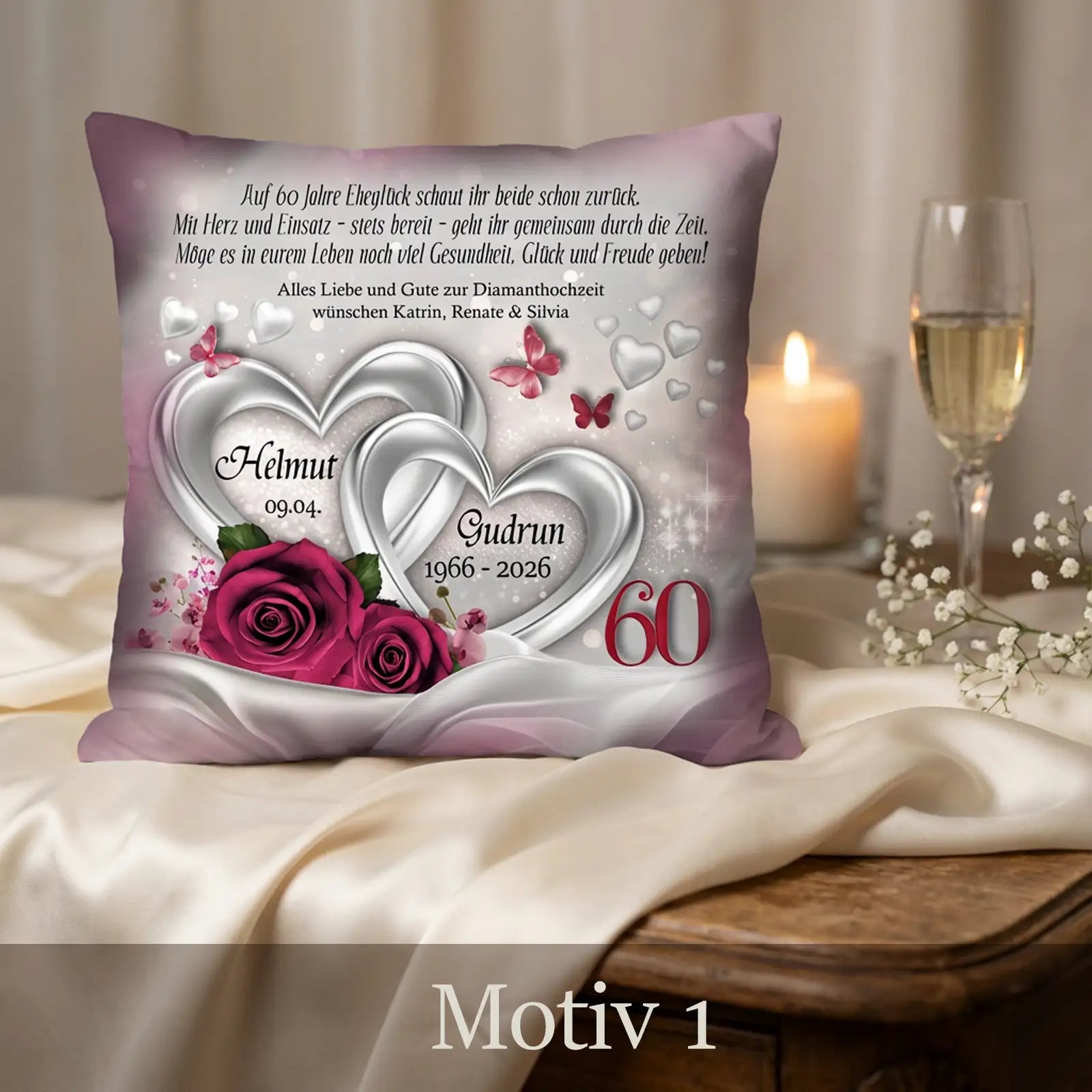 Personalisierter Kissenbezug zur Diamanthochzeit mit silbernen Herzen und Rosenmotiv, Namen Helmut und Gudrun, 60 Jahre Ehe