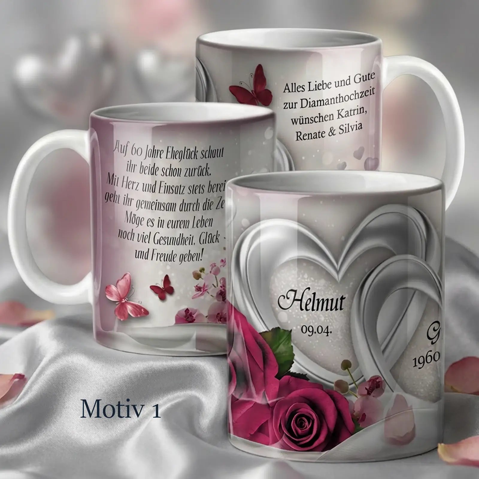Personalisierte Tasse zur Diamanthochzeit mit silbernen Herzen und Rosenmotiv, Namen Helmut und Gudrun, 60 Jahre Ehe