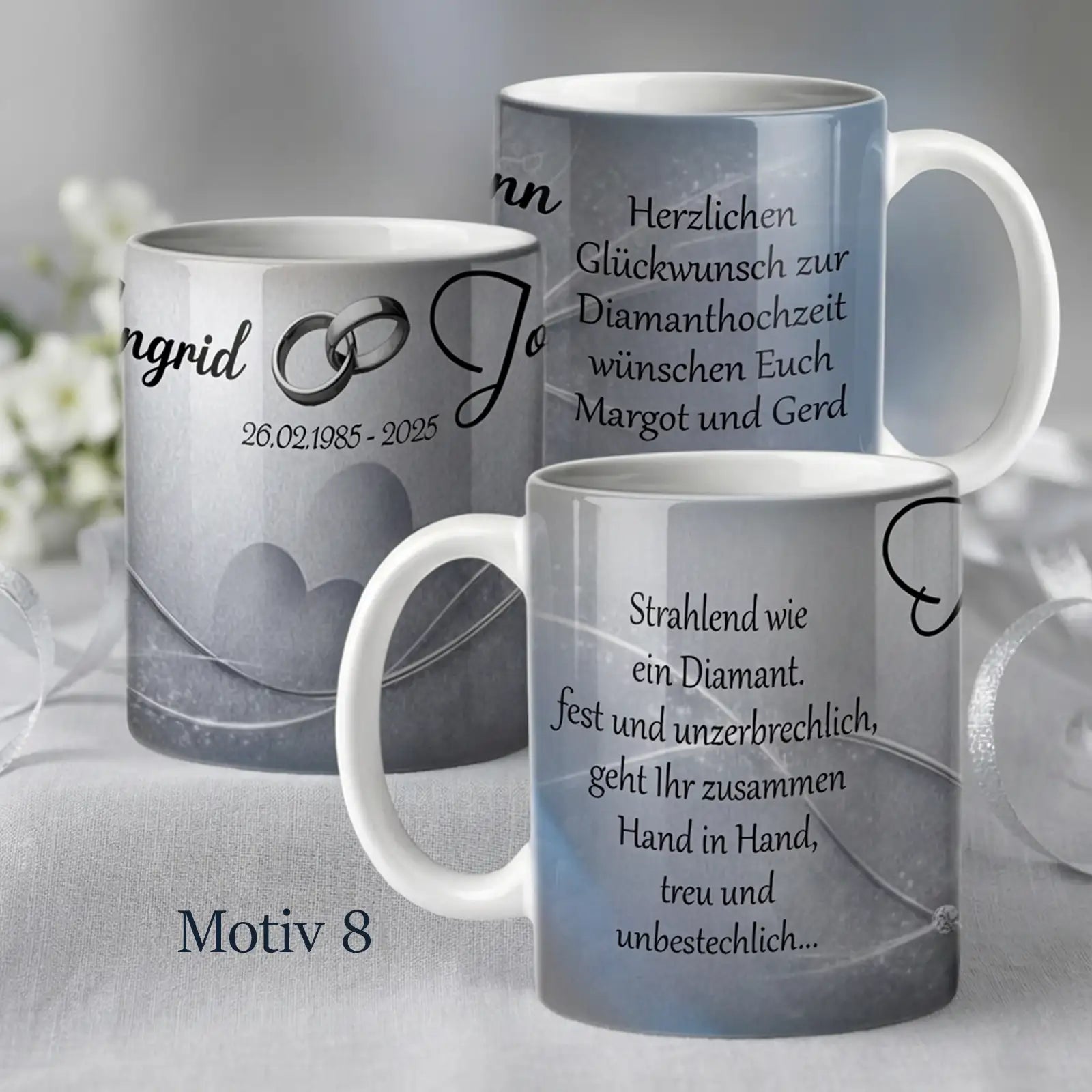 Spezielle Tasse zur Diamanten Hochzeit mit silbernem Herzmotiv. Exklusiv zum 60. Hochzeitstag