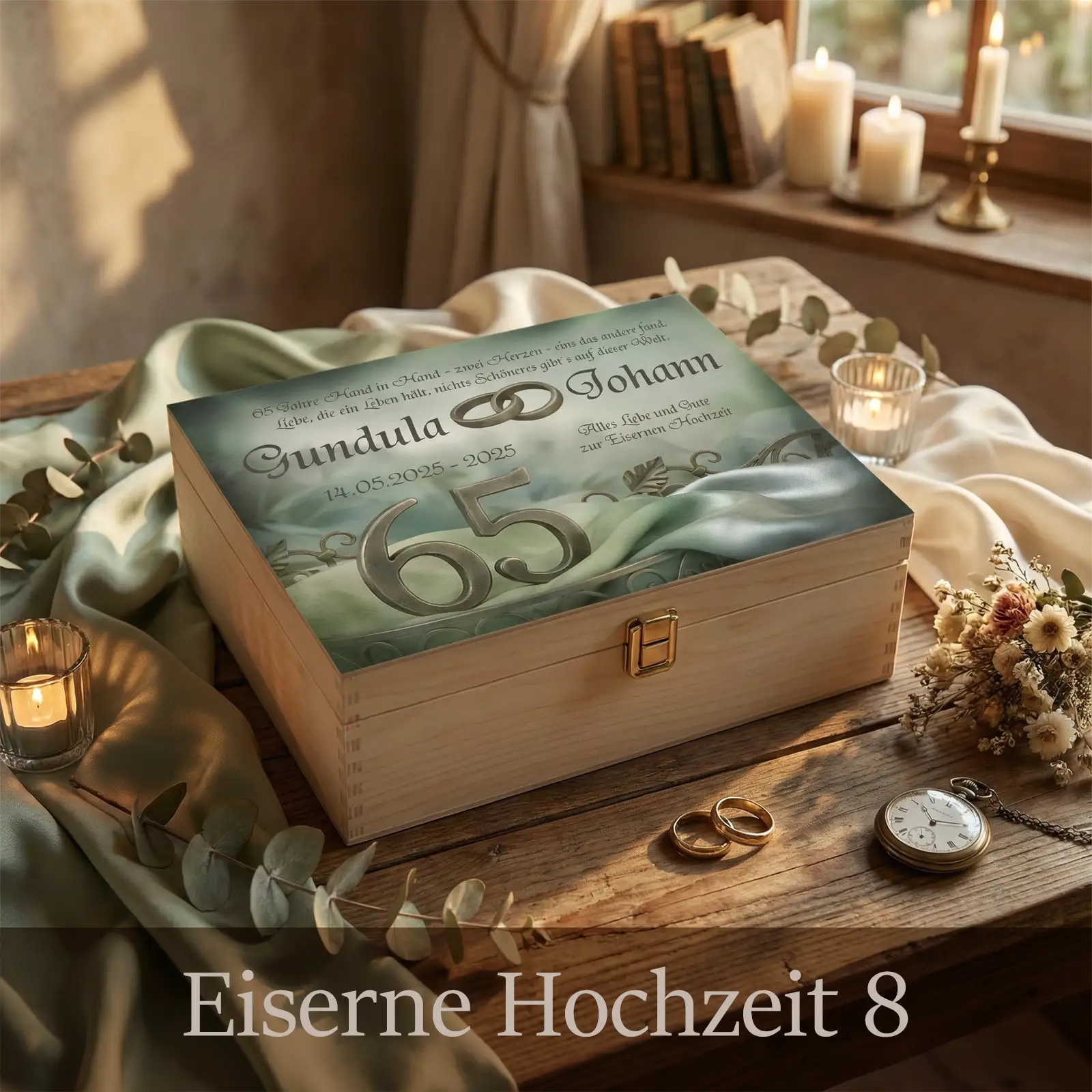 Personalisierte Holzbox zur Eisernen Hochzeit mit hellem Holz und Metallverschluss. Auf dem Deckel grünliches, elegantes Design mit den Namen Gundula und Johann, Jubiläumszahl 65 und individuellem Text. Die Box ist dekoriert mit Kerzen, Stoff, Eukalyptus, Ringen und Taschenuhr auf einem Holztisch in warmem, nostalgischem Ambiente als Geschenkidee zum 65. Hochzeitstag.