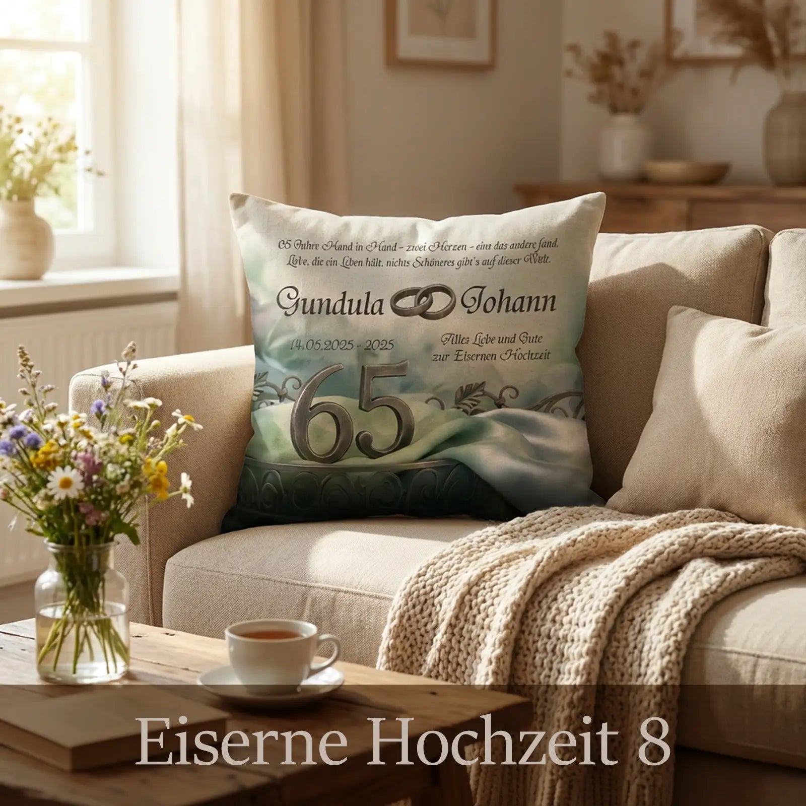 Kissen zur Eisernen Hochzeit mit sanftem Grünton, großer Zahl 65, ineinanderliegenden Ringen, personalisierten Namen Gundula und Johann, Datumsangaben und Glückwunschtext, dekoriert auf Sofa mit Tageslicht, Blumenstrauß und Kaffeetasse im Wohnzimmer
