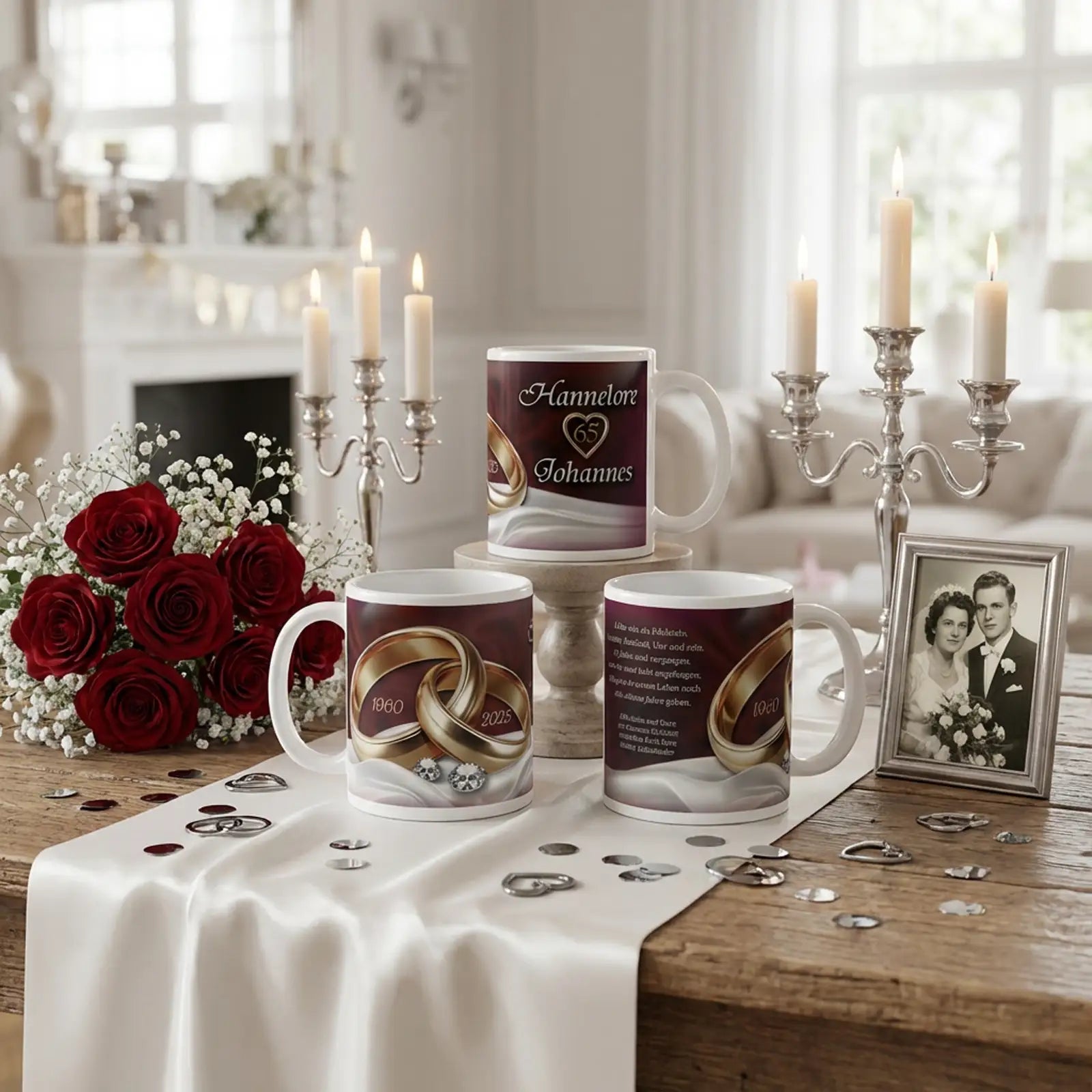Personalisierte Motivtassen zur Eisernen Hochzeit mit goldenen Ringen, Namen Hannelore und Johannes, Jahreszahlen 1960–2025, festliche Tischdekoration mit roten Rosen, Kerzenleuchtern und Hochzeitsfoto