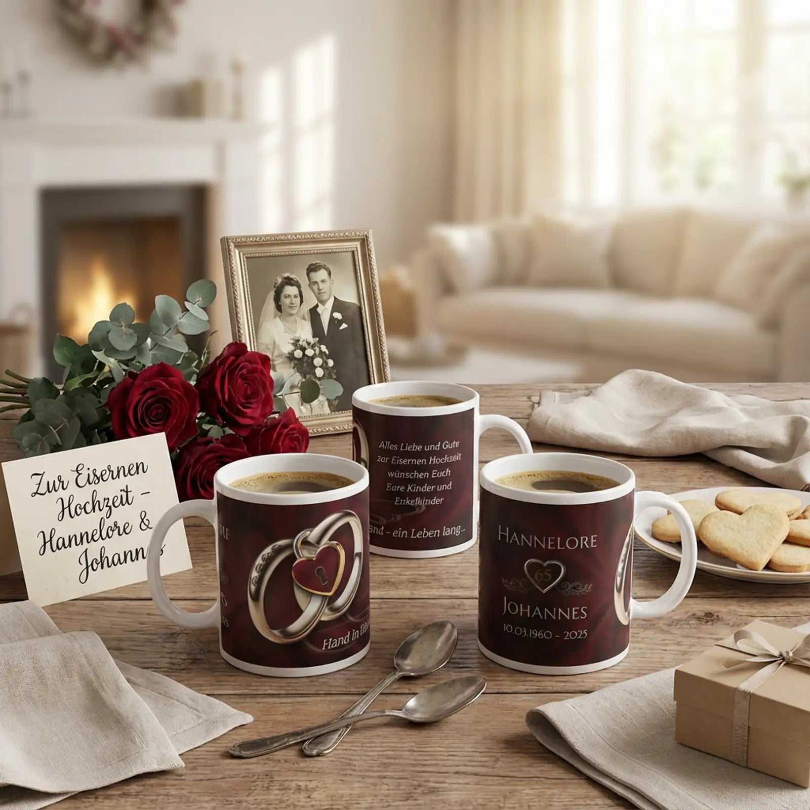 Personalisierte Motivtassen zur Eisernen Hochzeit mit Namen Hannelore und Johannes, Zahl 65, goldene Ringe mit Herz, Kaffeetassen auf rustikalem Holztisch, rote Rosen, Vintage-Hochzeitsfoto, Kerzenlicht und Gebäck im Wohnzimmerambiente
