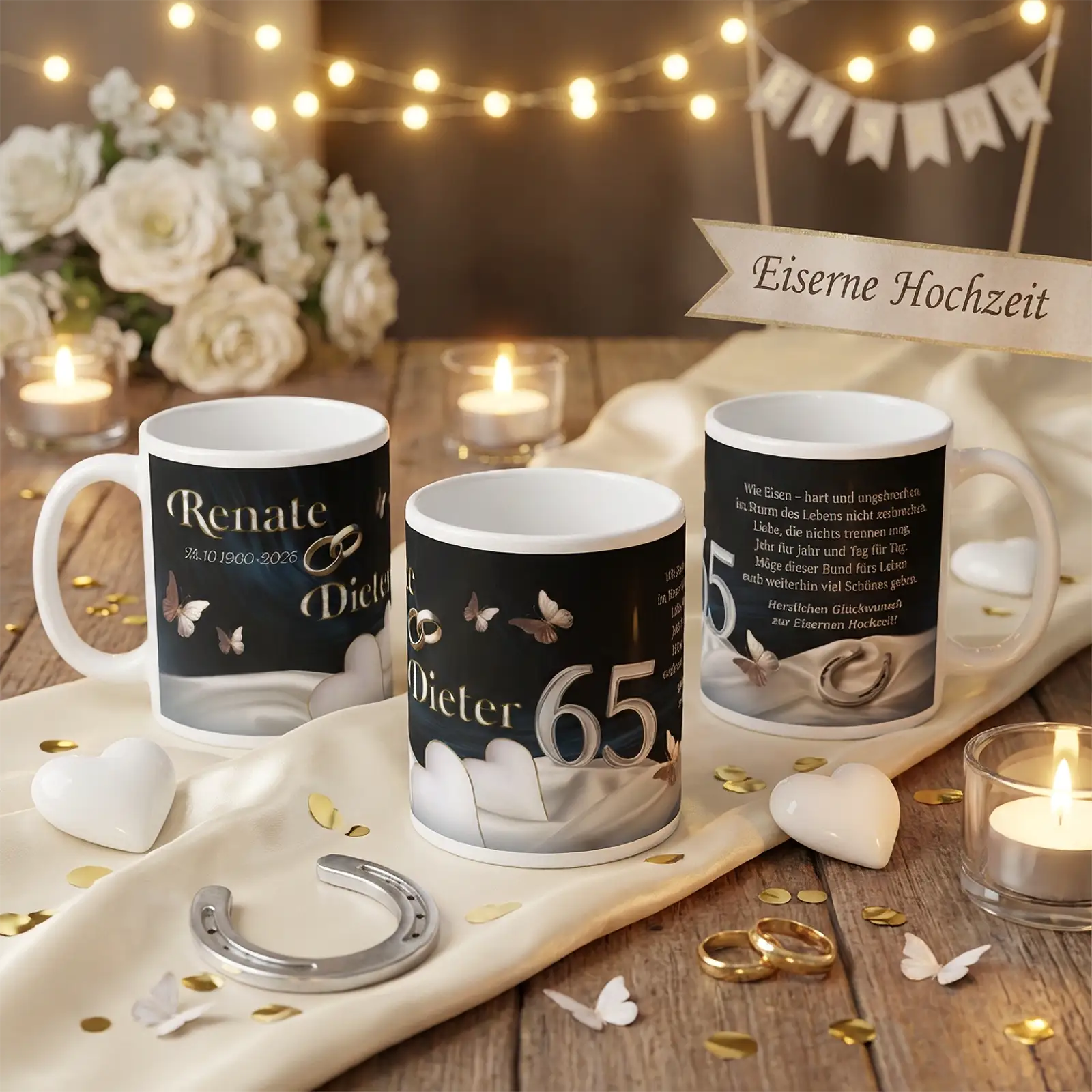 Personalisierte Motivtassen zur Eisernen Hochzeit mit Namen Renate und Dieter, Zahl 65, schwarzes Design mit Schmetterlingen und Ringen, Kerzenlicht, Stoffläufer, goldene Konfetti, Herzdekoration und Lichterkette auf rustikalem Holztisch