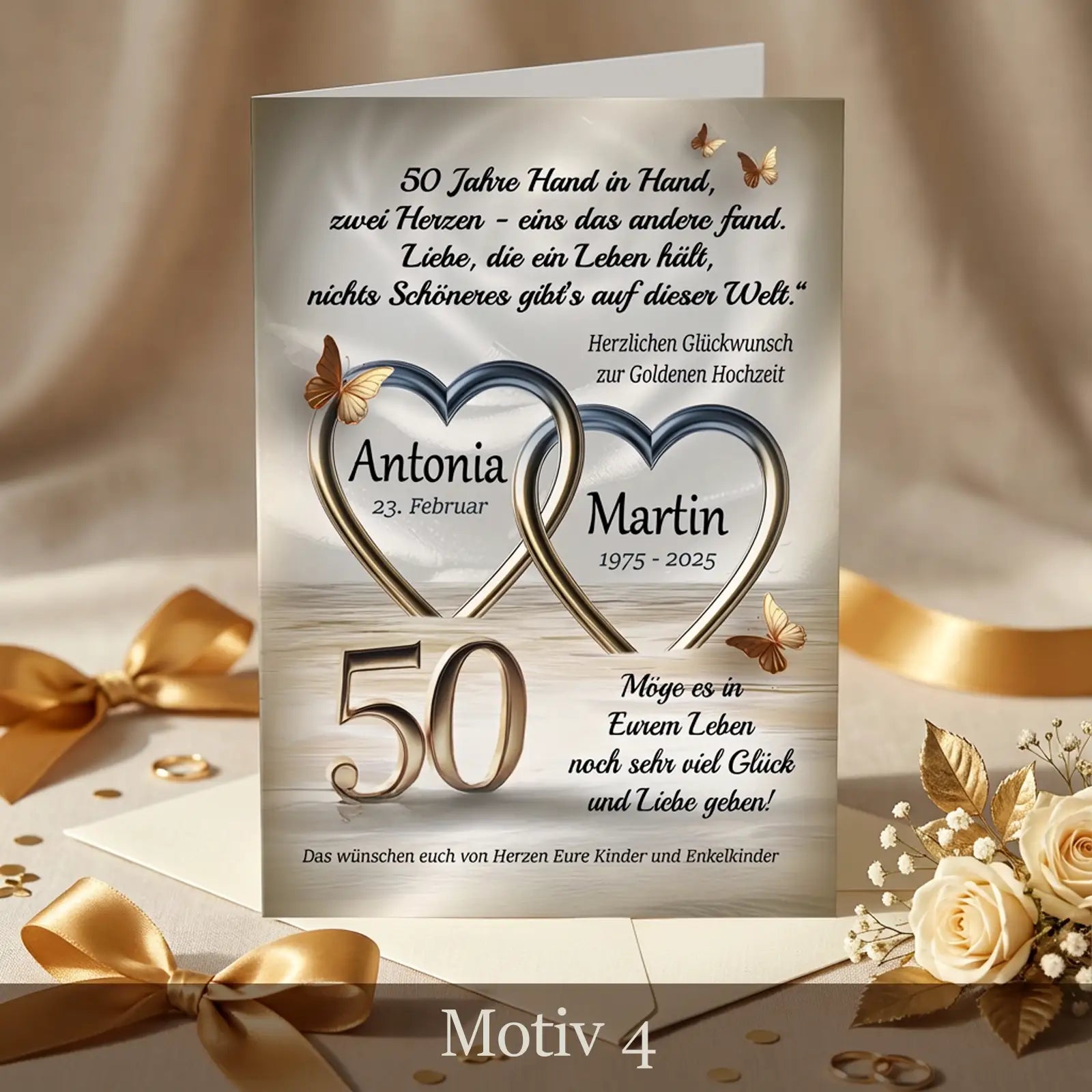 Klappkarte zur Goldenen Hochzeit mit zwei Herzen, Namen und Datum in elegantem Design, Motiv Heart of Fifty