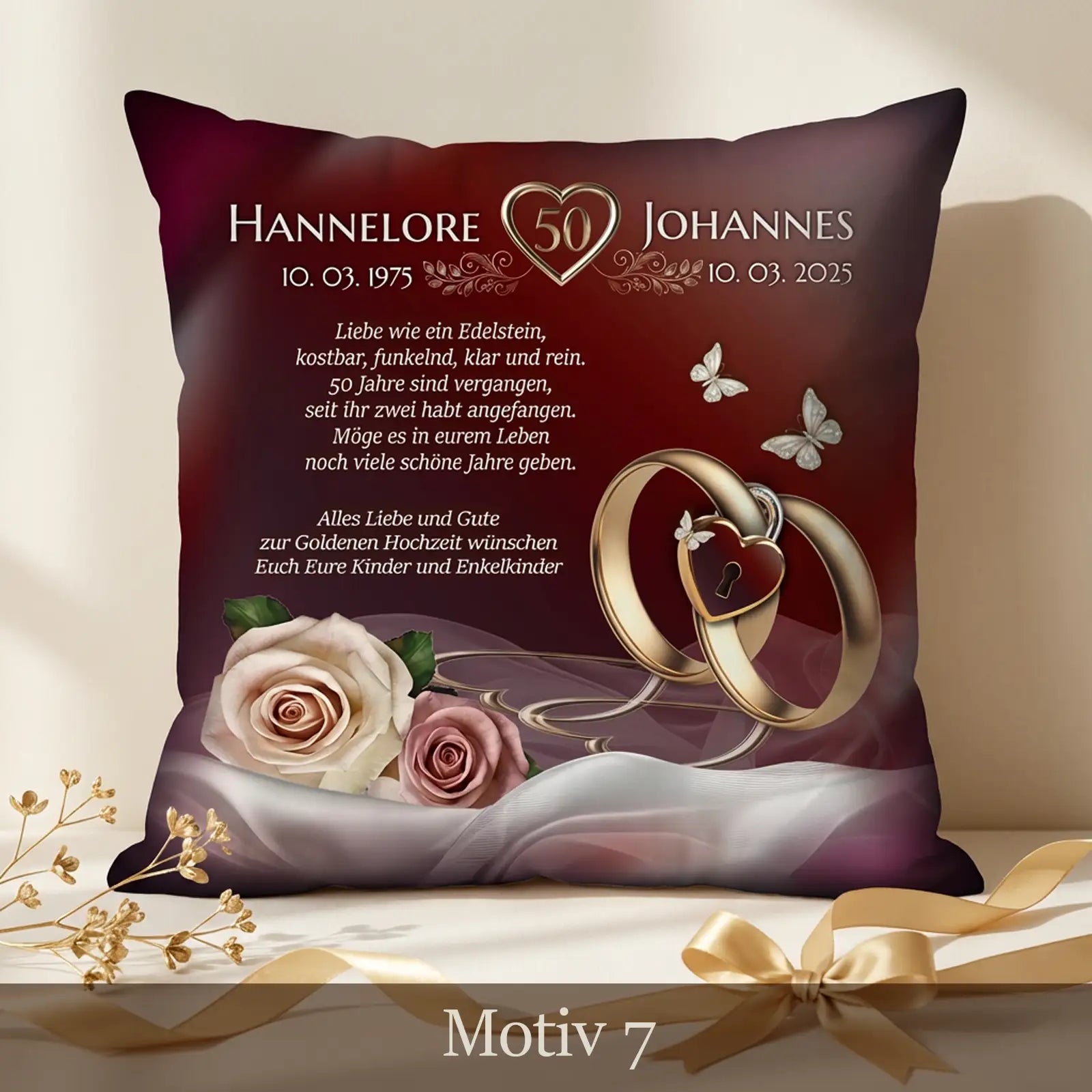 Romantisches Goldhochzeit Kissen mit Rosen, Eheringen, Namen und Datum, Motiv Golden Rose Promise
