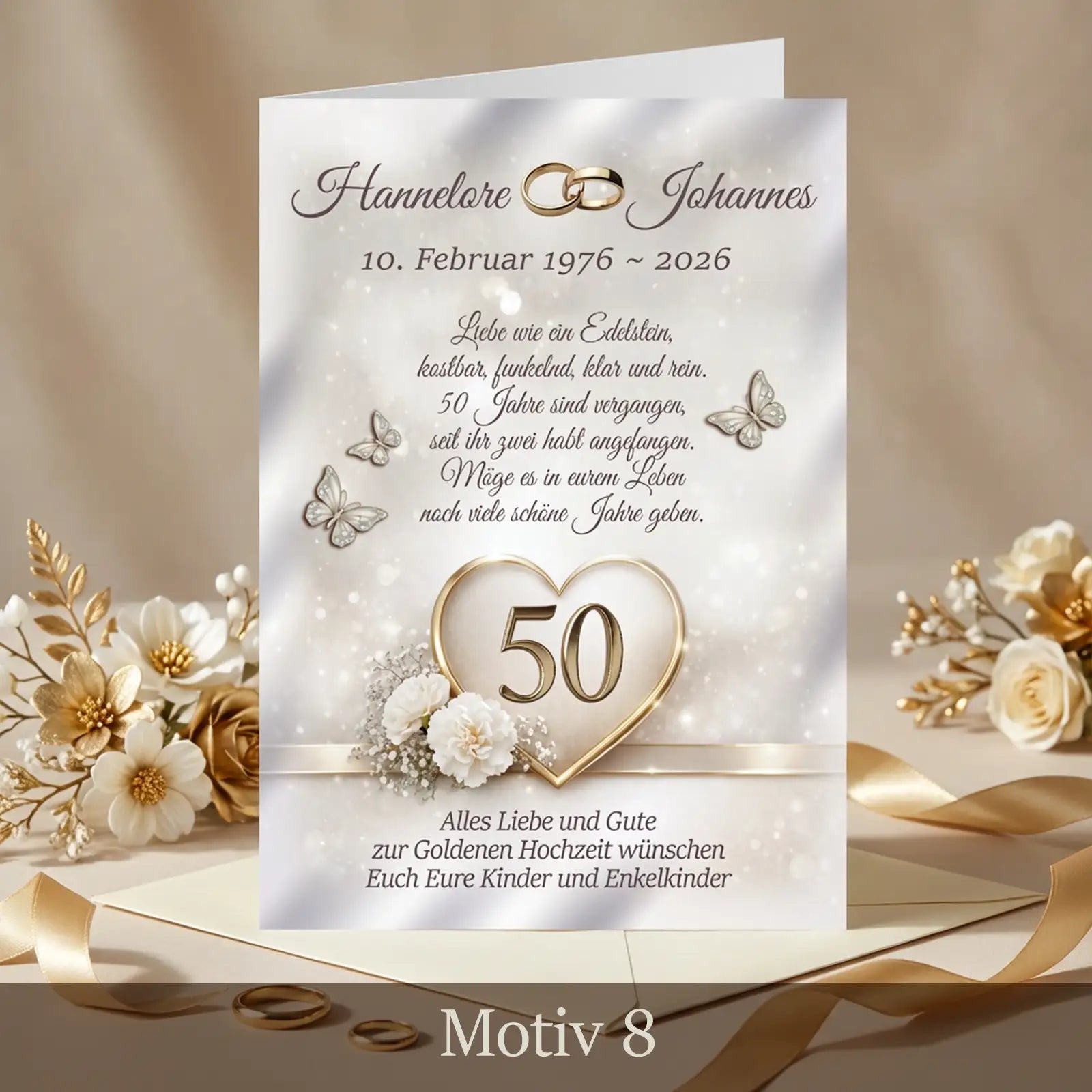 Elegante Klappkarte mit goldener 50, floralen Details, Namen und Spruch, Motiv Gilded Grace