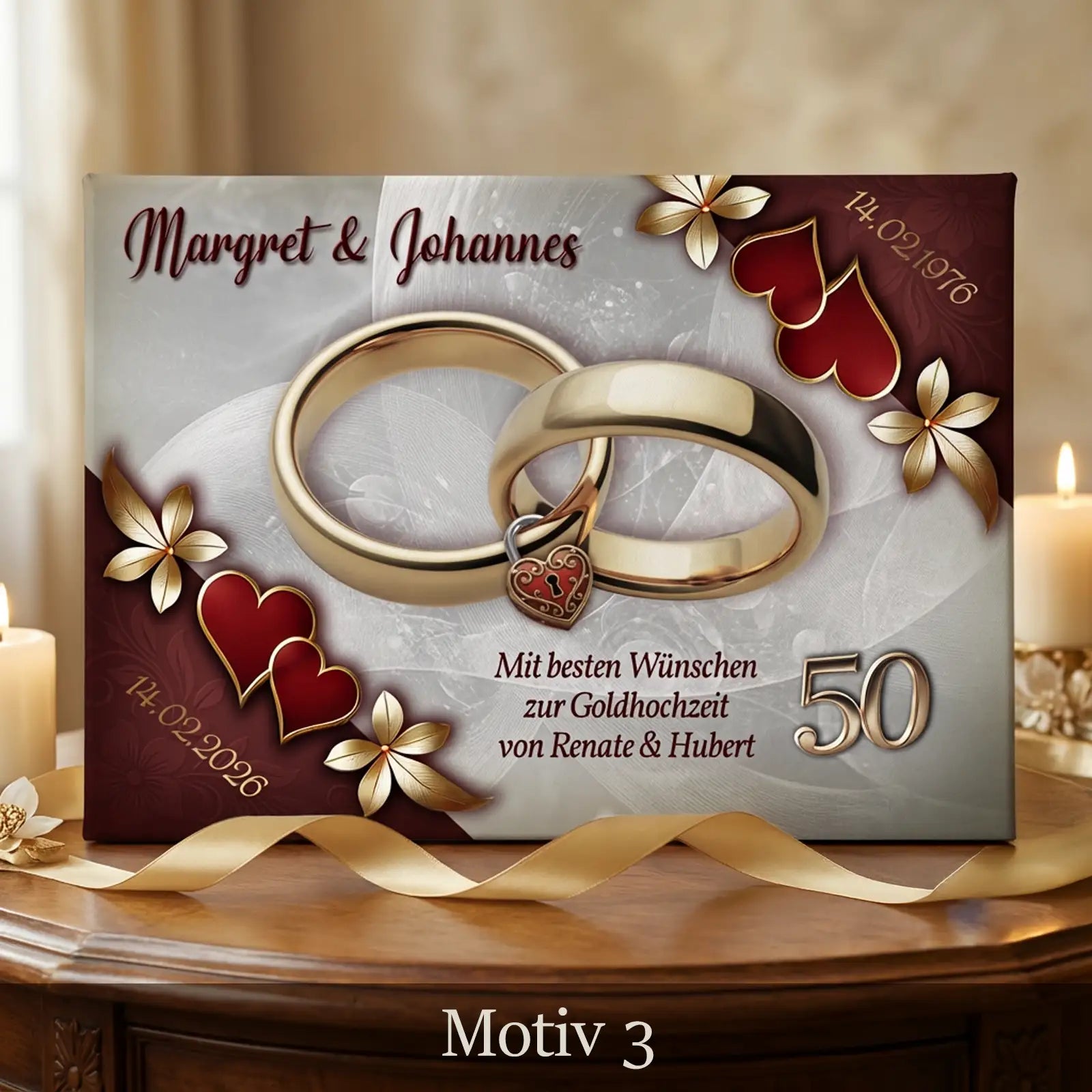 Individuelle Goldhochzeit Leinwand mit roten Akzenten, goldenen Ringen, Namen und Widmung