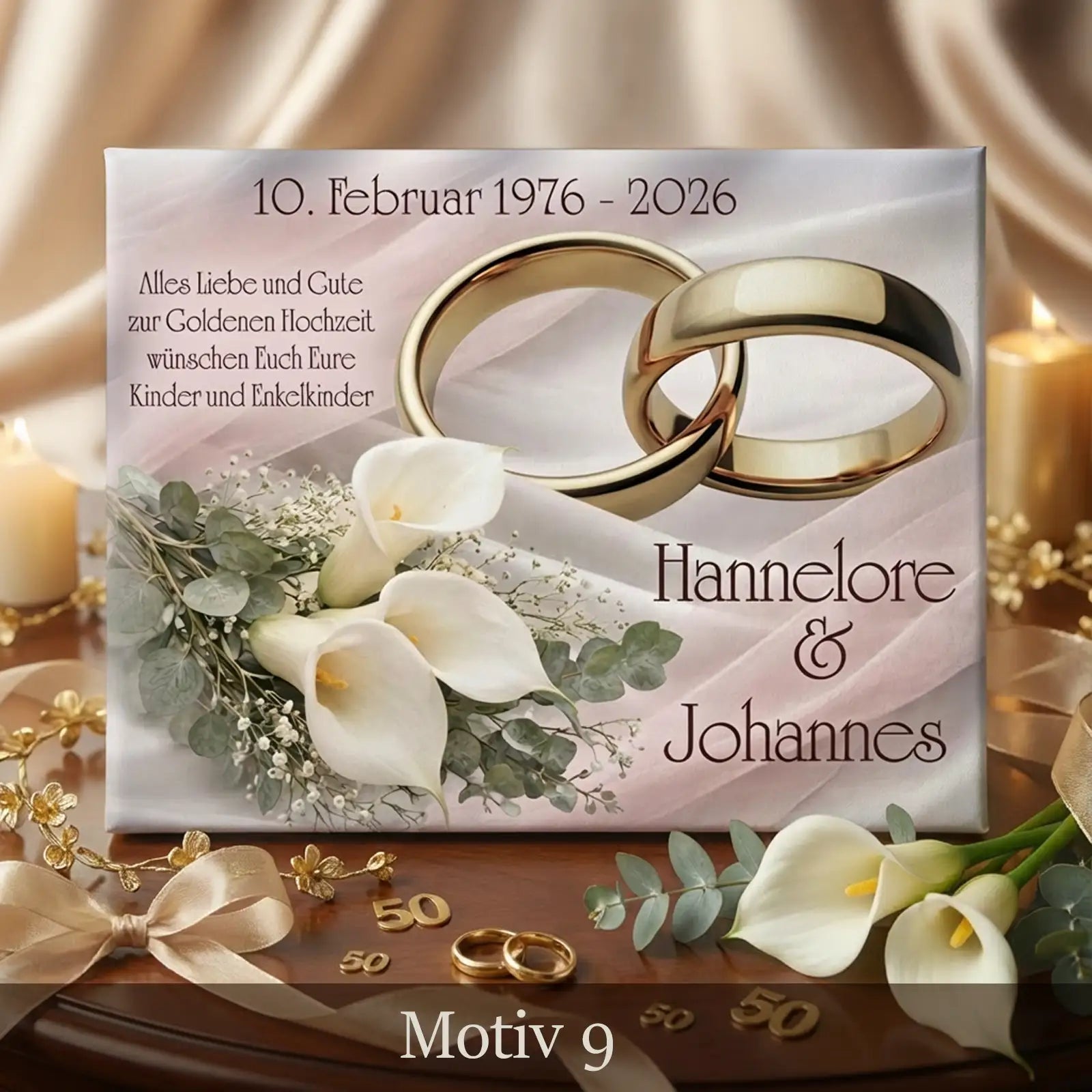 Elegante Leinwand zur Goldenen Hochzeit mit Calla-Blumen, goldenen Ringen, Namen und Datum