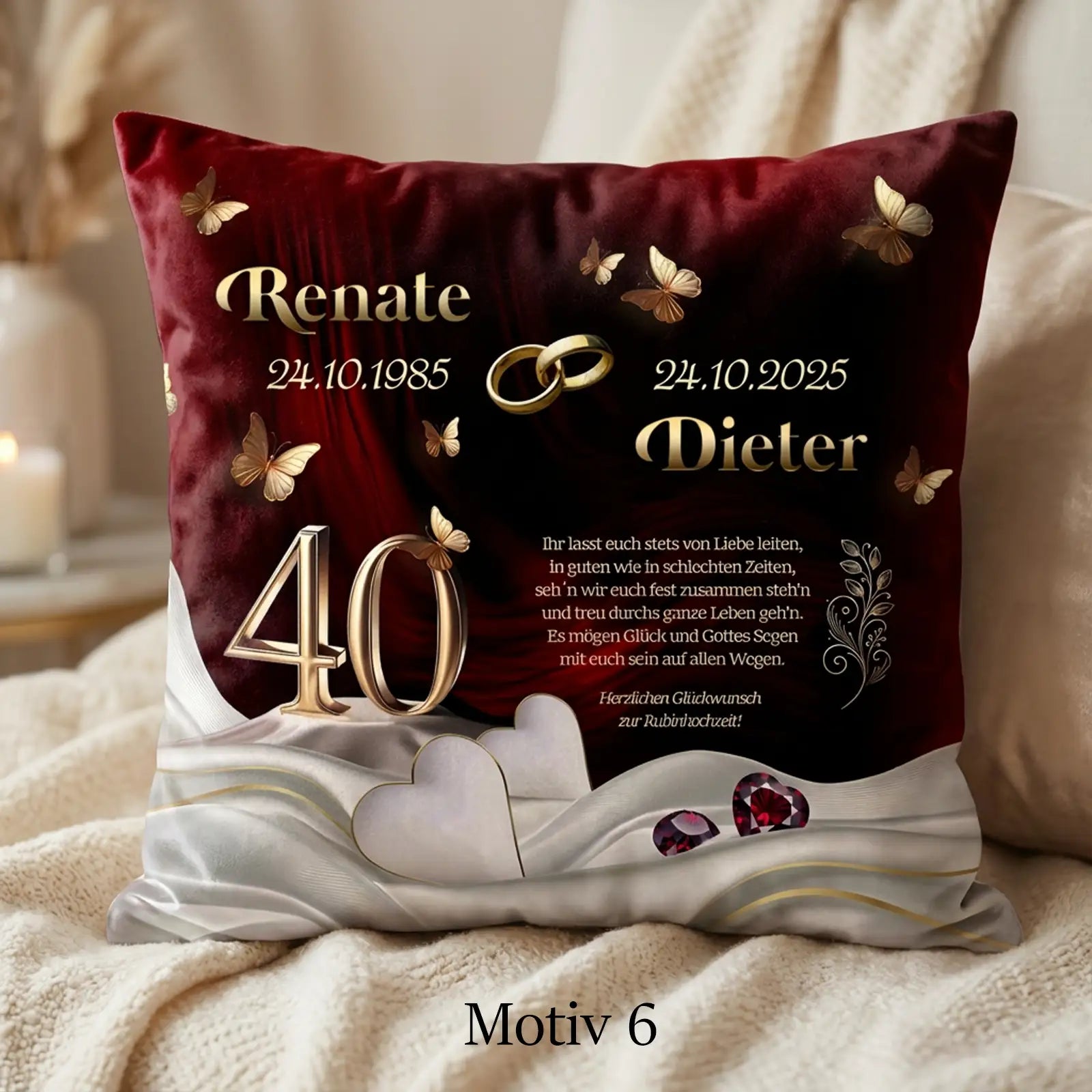 Kissenmotiv zur Rubinhochzeit mit goldenen Ringen, Herzen, Schmetterlingen und Jubiläumszahl 40