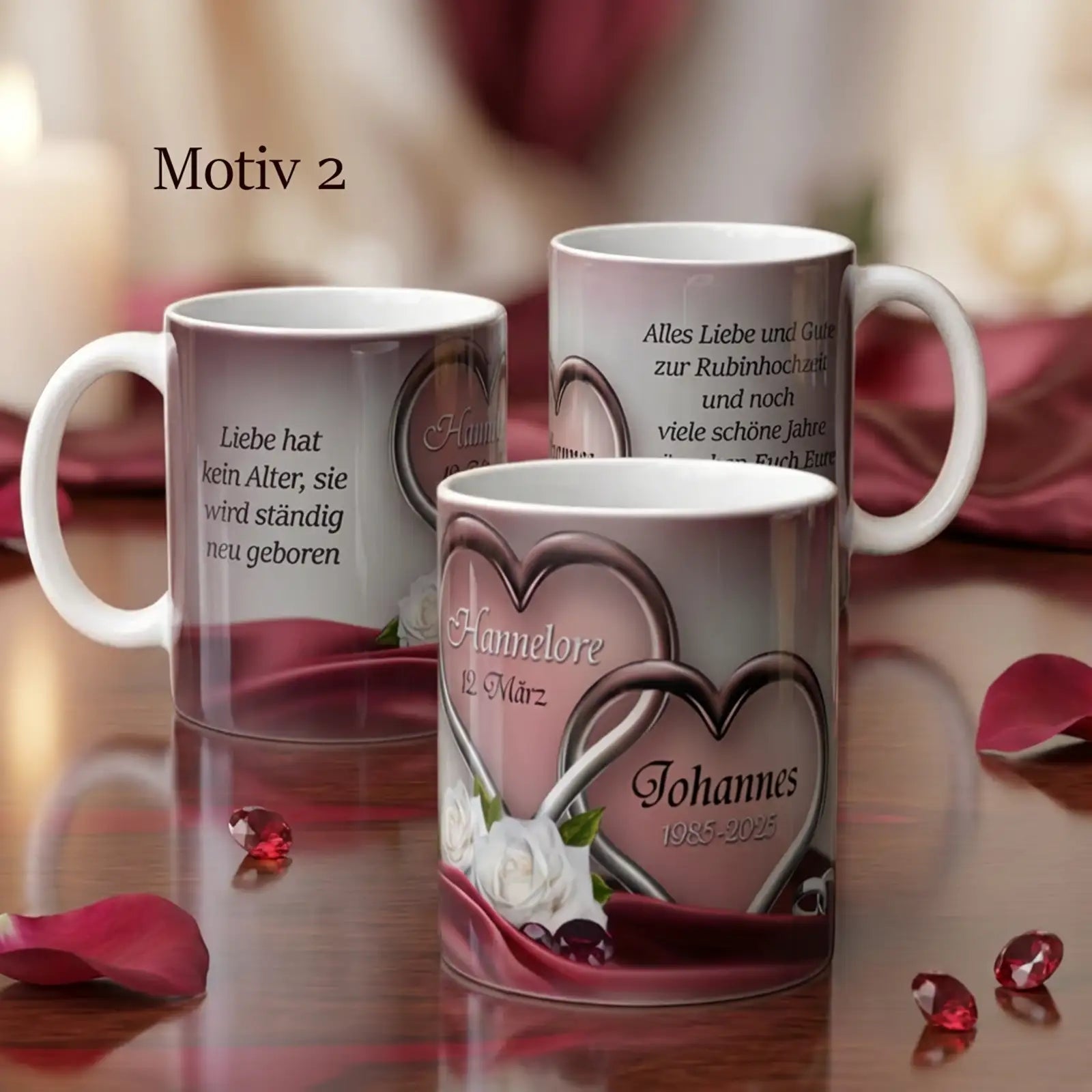Personalisierte Motiv-Tasse zur Rubinhochzeit mit Rosen, Herzen und Namen, Geschenkidee