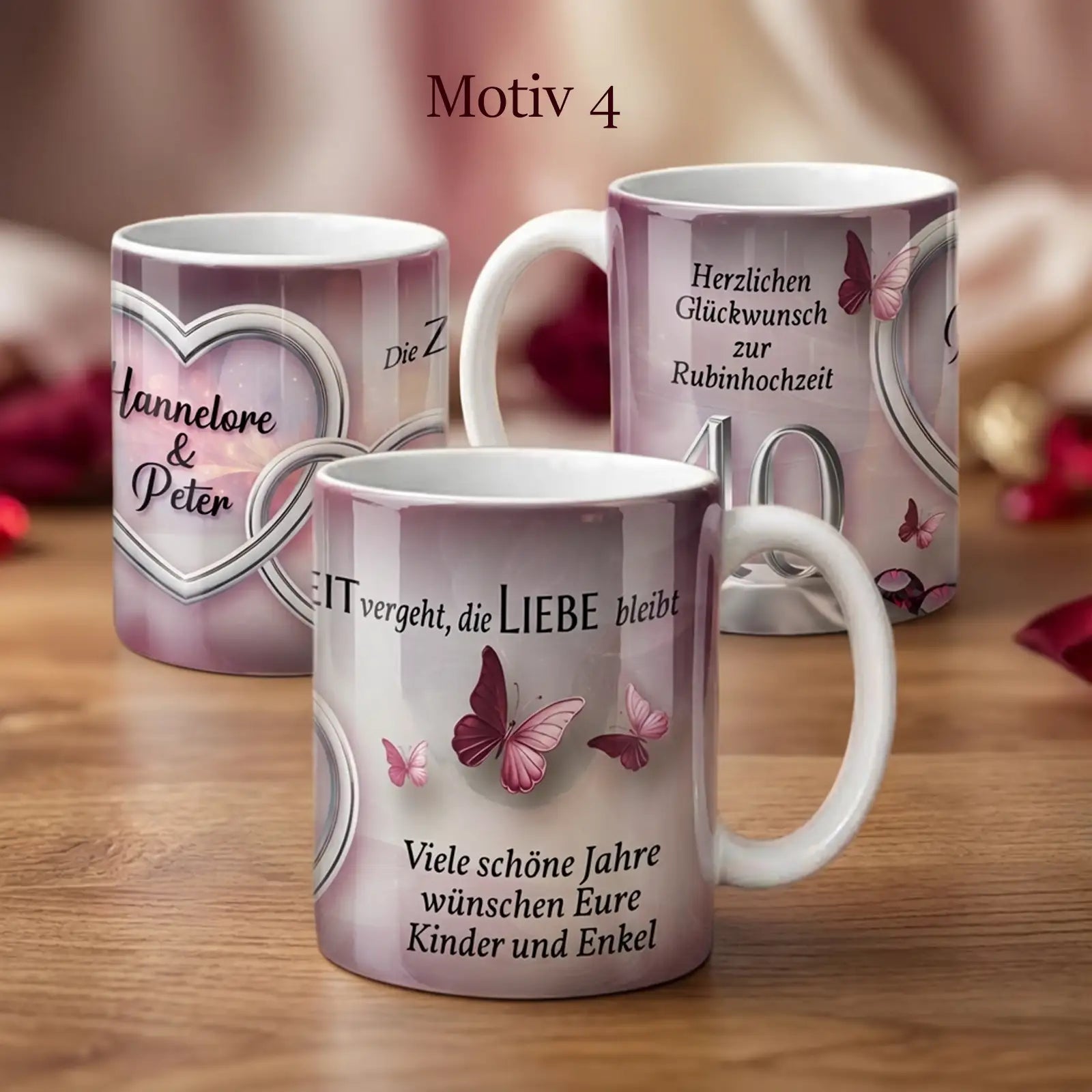 Personalisierte Tasse zur Rubinhochzeit mit Herzen, Schmetterlingen und Jubiläumsdaten