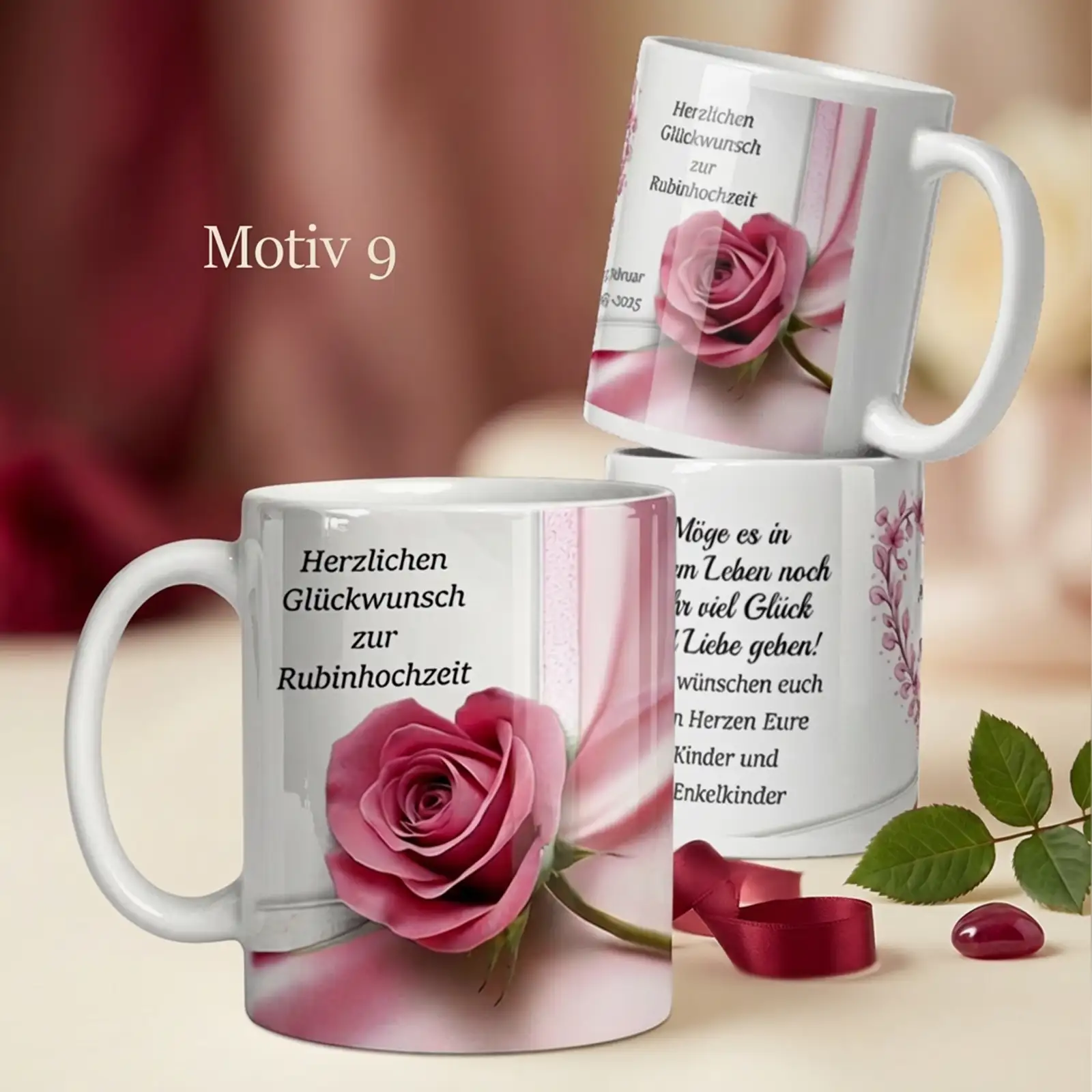 Personalisierte Rubinhochzeit Tassen mit rosa Herz, Blumen und Widmung, Namen Antonia Martin