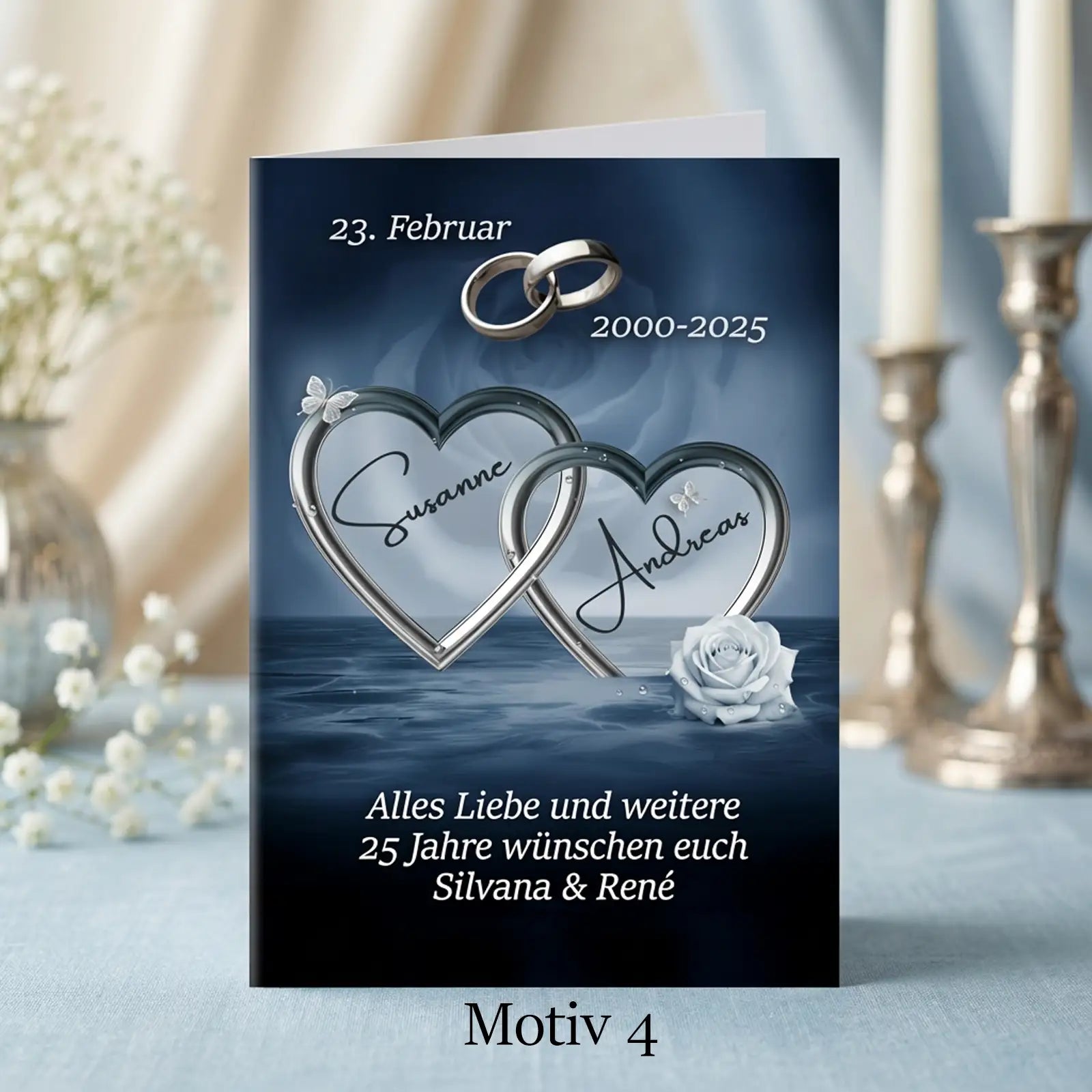 Moderne Silberhochzeit Karte mit verschlungenen Herzen, Ringen und Namen – personalisierte Glückwunschkarte 25 Jahre Ehe