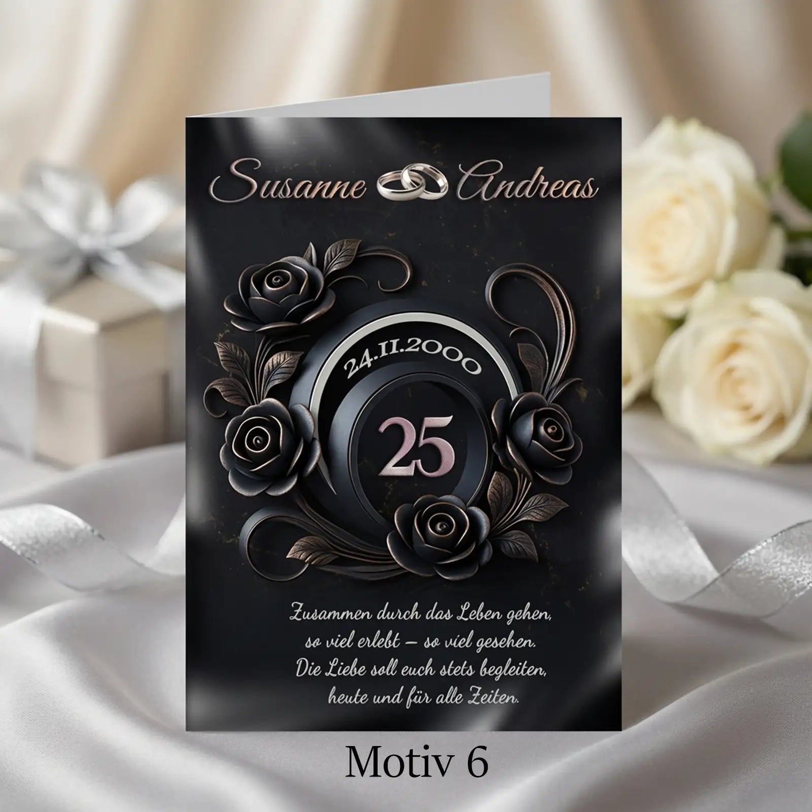Exklusive Silberhochzeitskarte in dunklem Design mit schwarzen Rosen und Ringmotiv – stilvolle Glückwunschkarte zum 25. Ehejubiläum