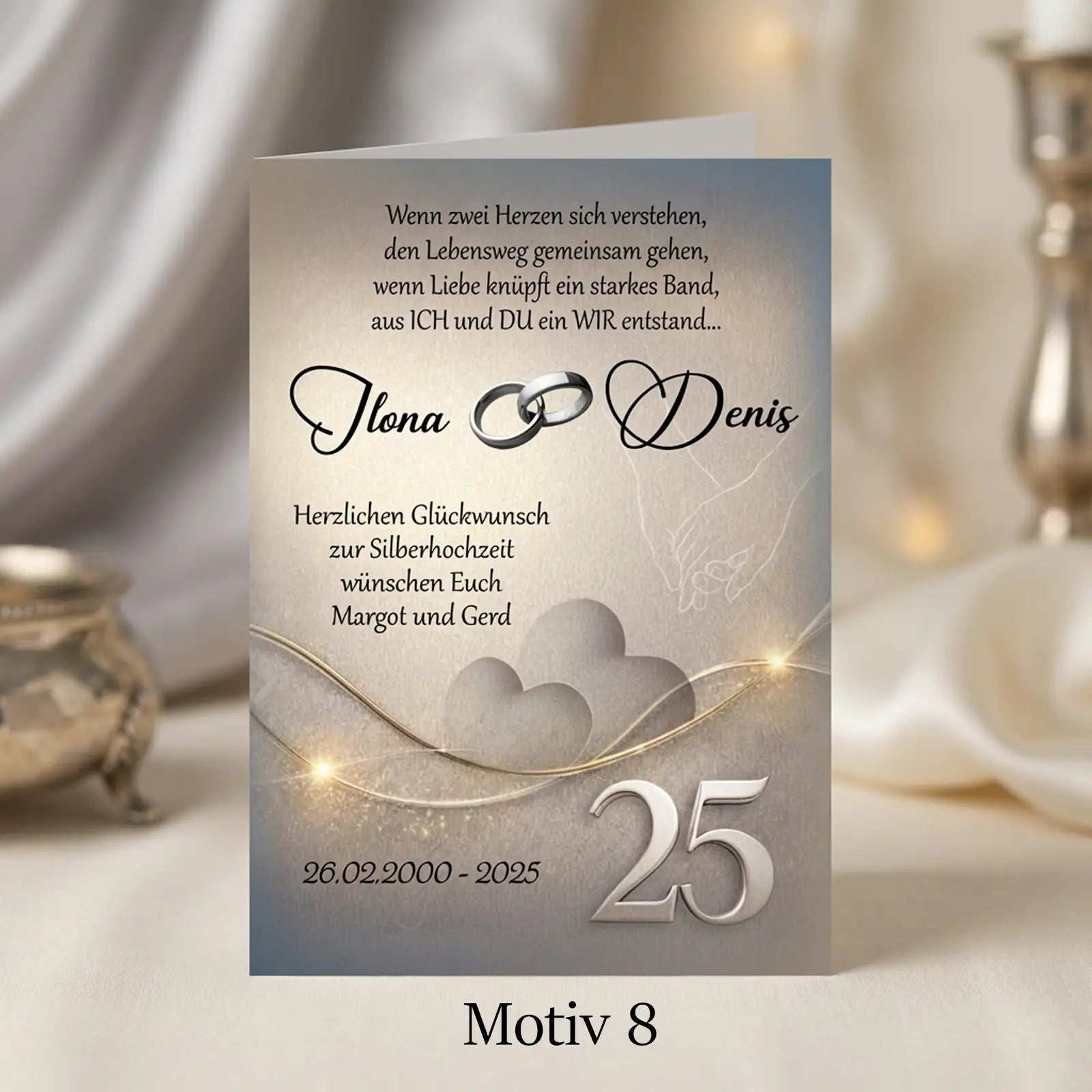 Moderne Silberhochzeitskarte mit goldener Linie, Herzsymbol und Jubiläumszahl 25 – elegante Karte zum 25. Hochzeitstag
