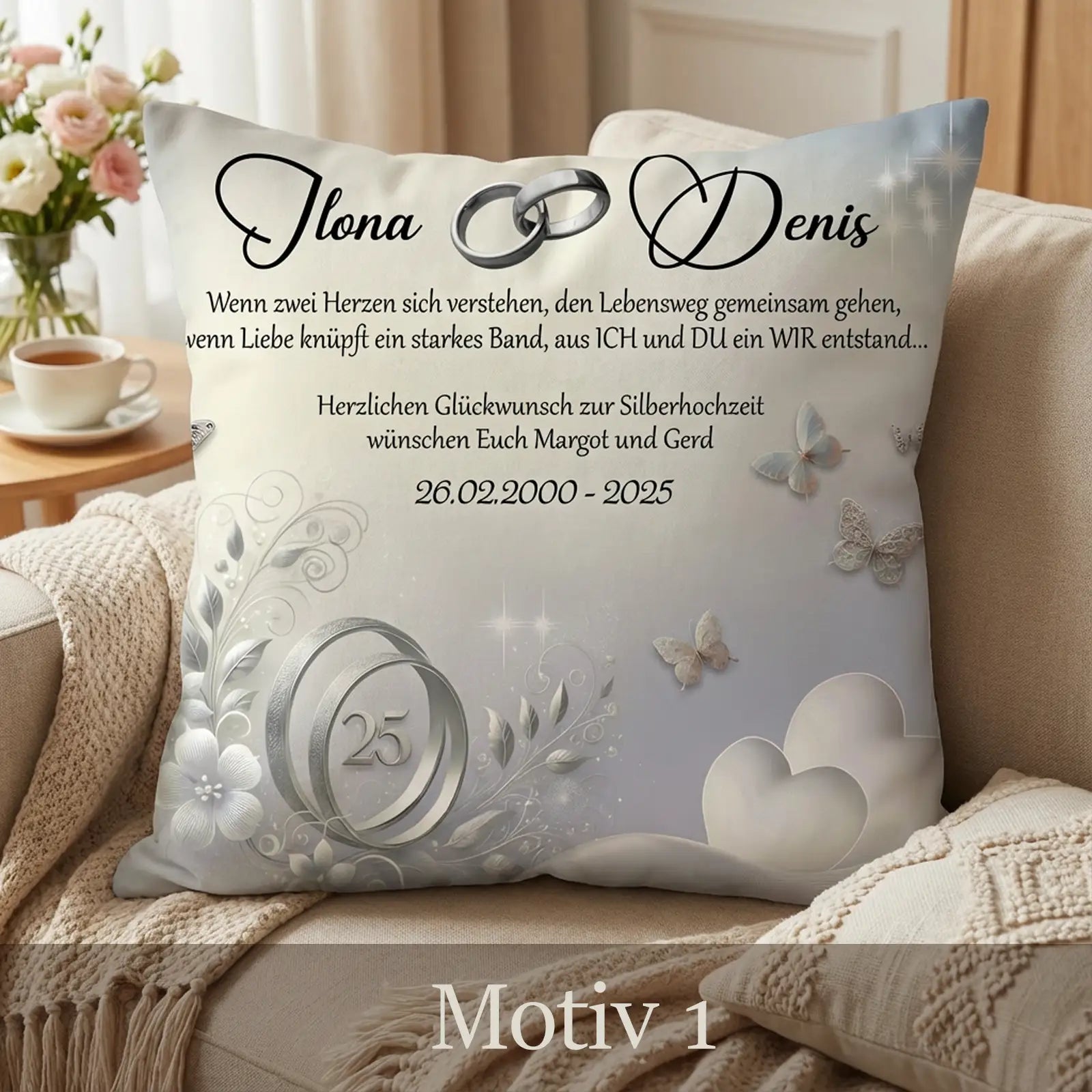 Kissen zur Silberhochzeit mit Ringen, Blumen, Schmetterlingen und Widmung, Motiv Silberhochzeit