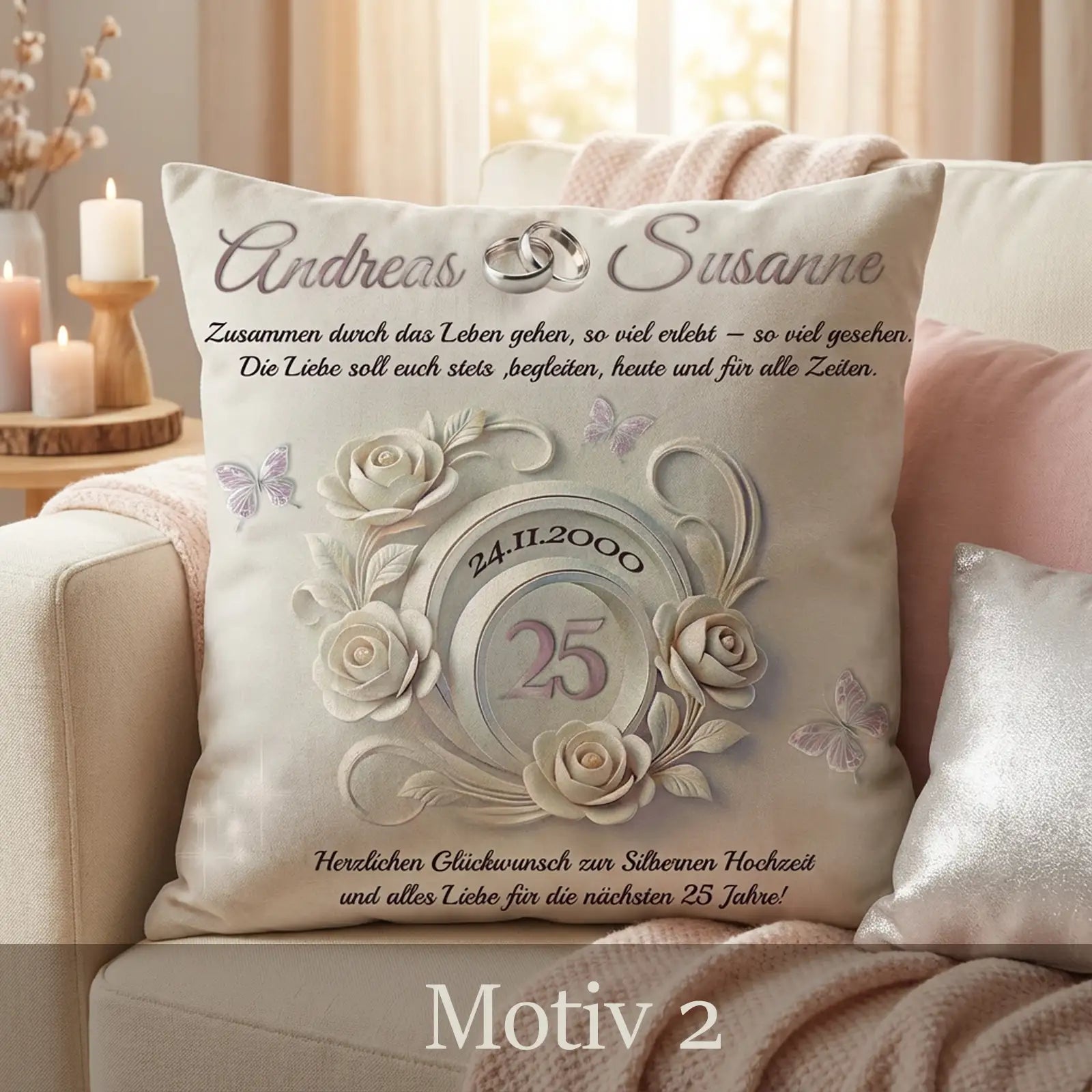 Dekokissen Silberhochzeit mit weißen Rosen, Eheringen, Datum und Zahl 25 als Jubiläumsgeschenk