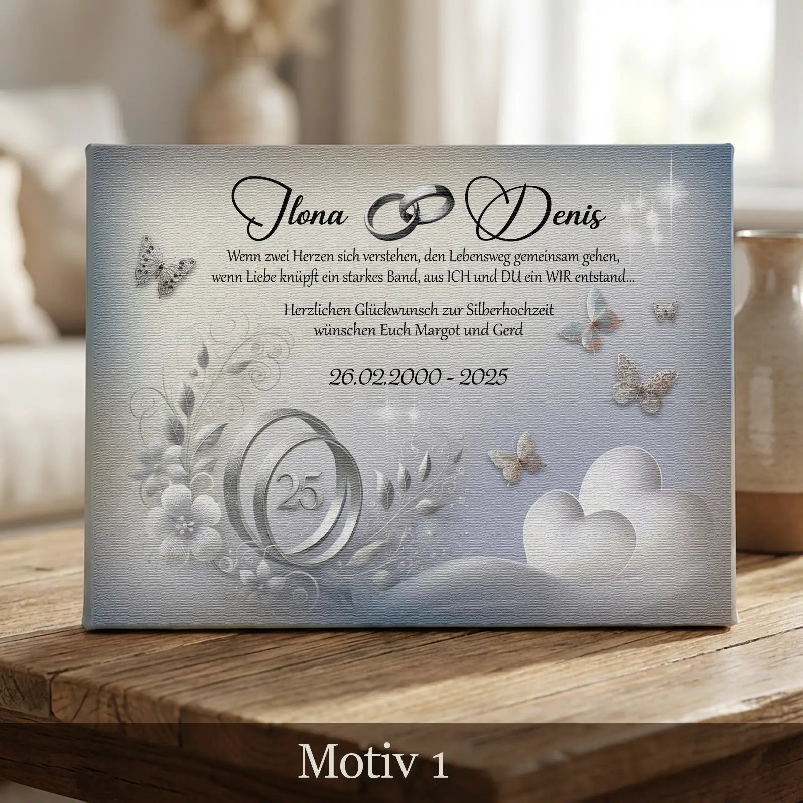 Silberhochzeit Leinwand mit Blumen, Schmetterlingen, Ringen und Zahl 25 in Silber-Optik