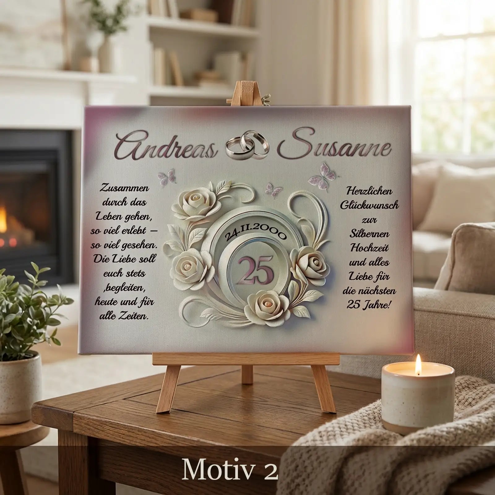 Leinwand zur Silberhochzeit mit weißen Rosen, Eheringen, Namen, Datum und Glückwünschen, Motiv 2